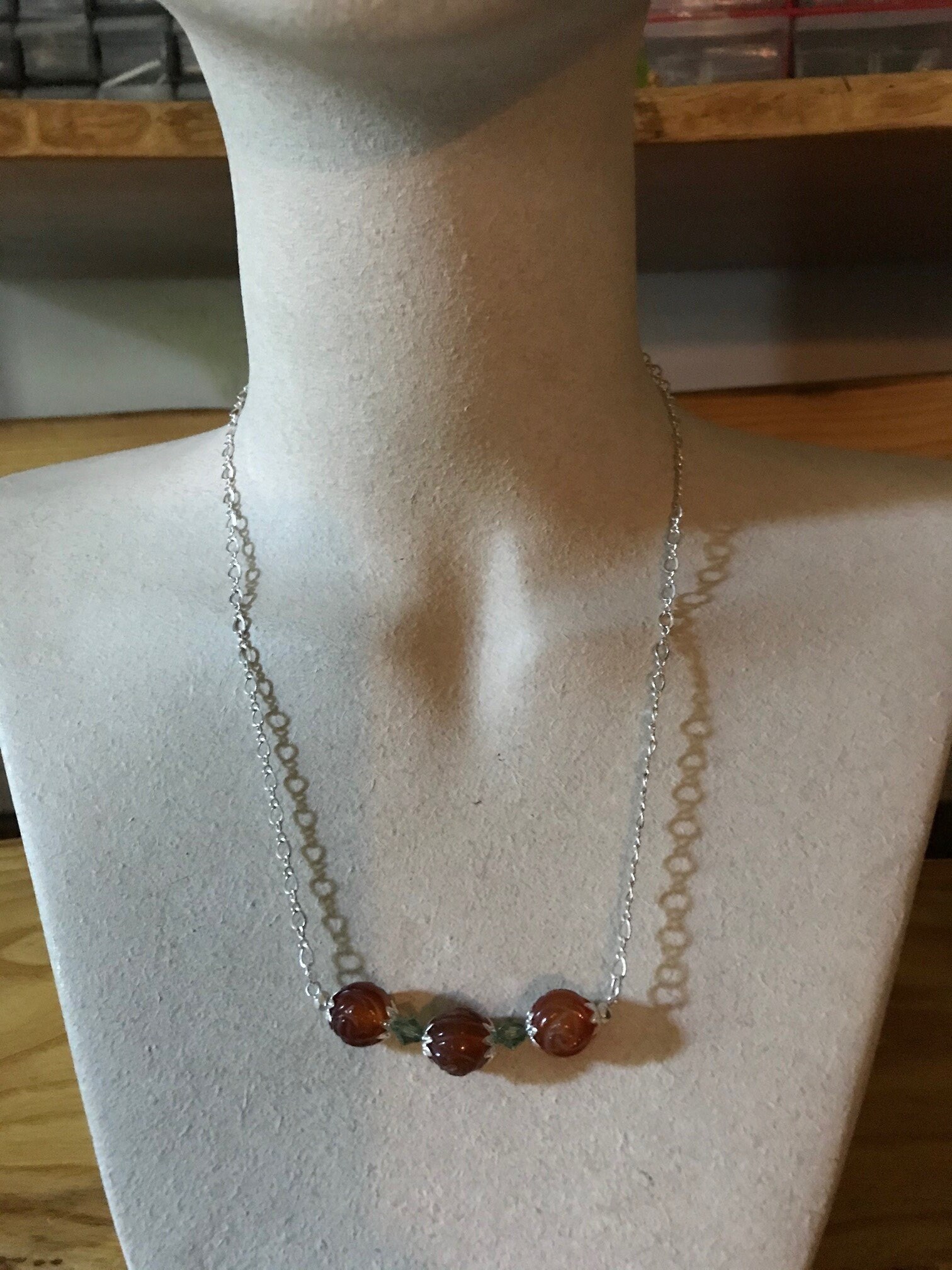 Engraved Carnelian Rosebud Necklace With Crystal Accents, view 9