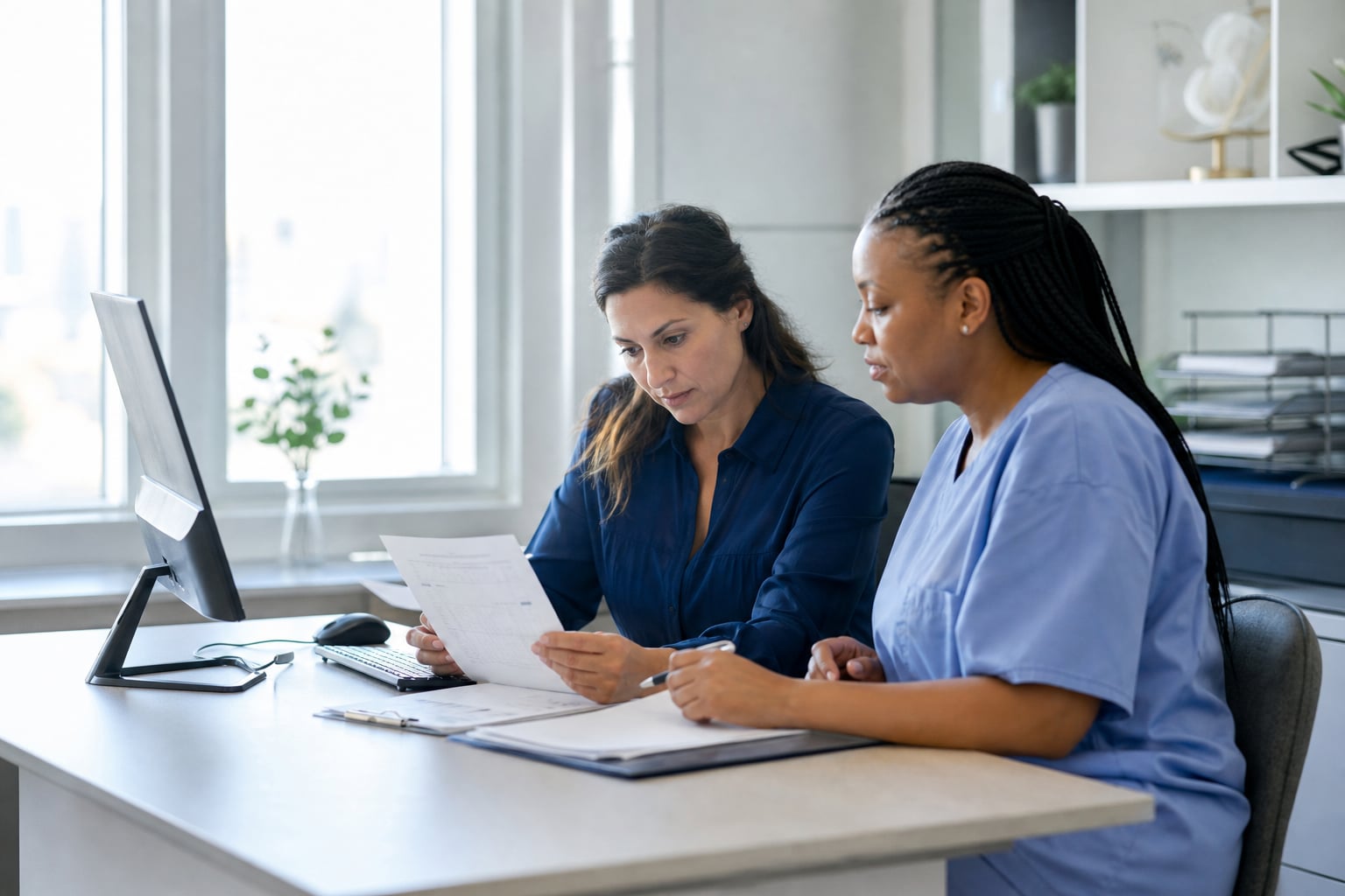 Healthcare administrator and clinician reviewing cardiology billing documentation