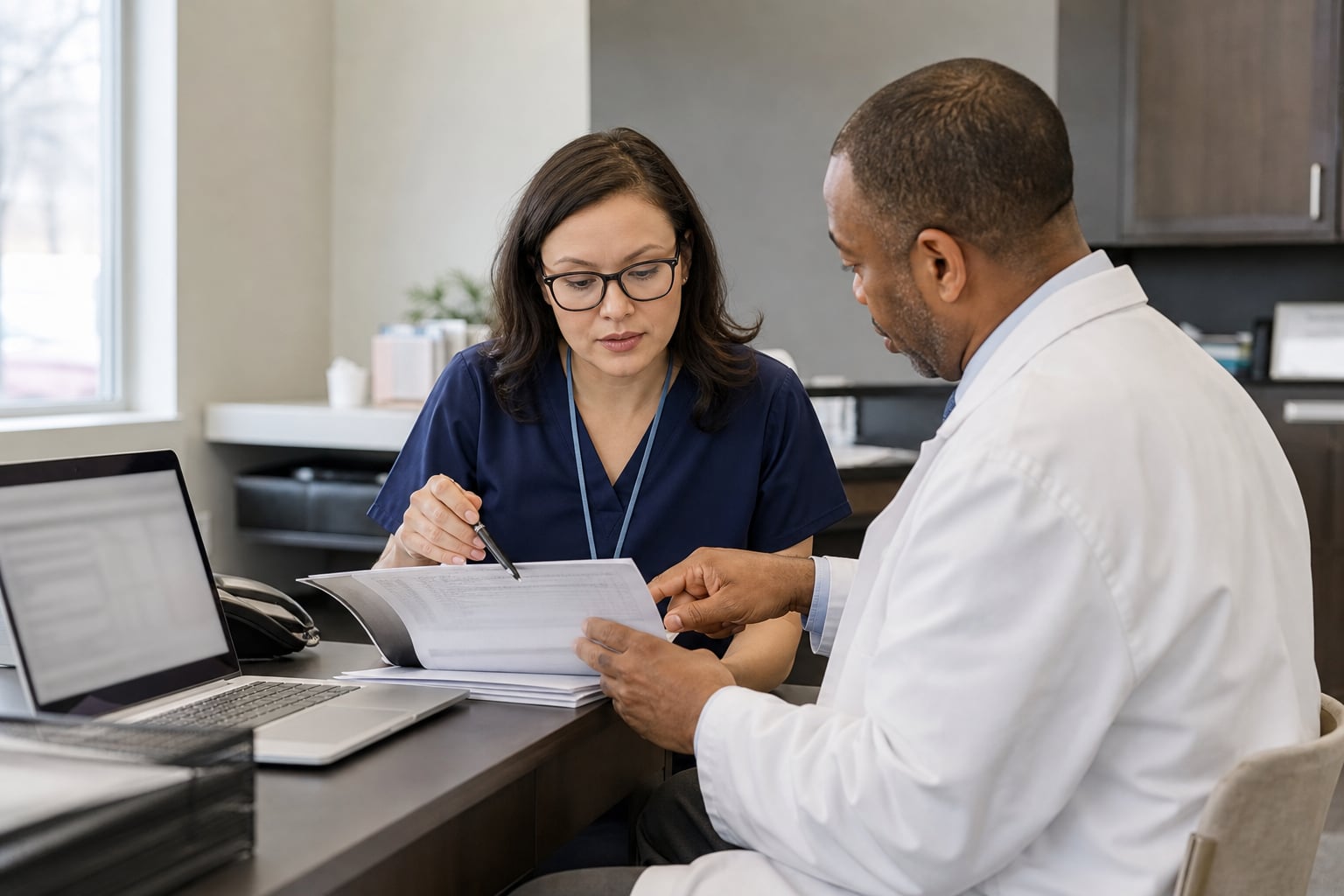Medical coder and clinician reviewing cardiology documentation together