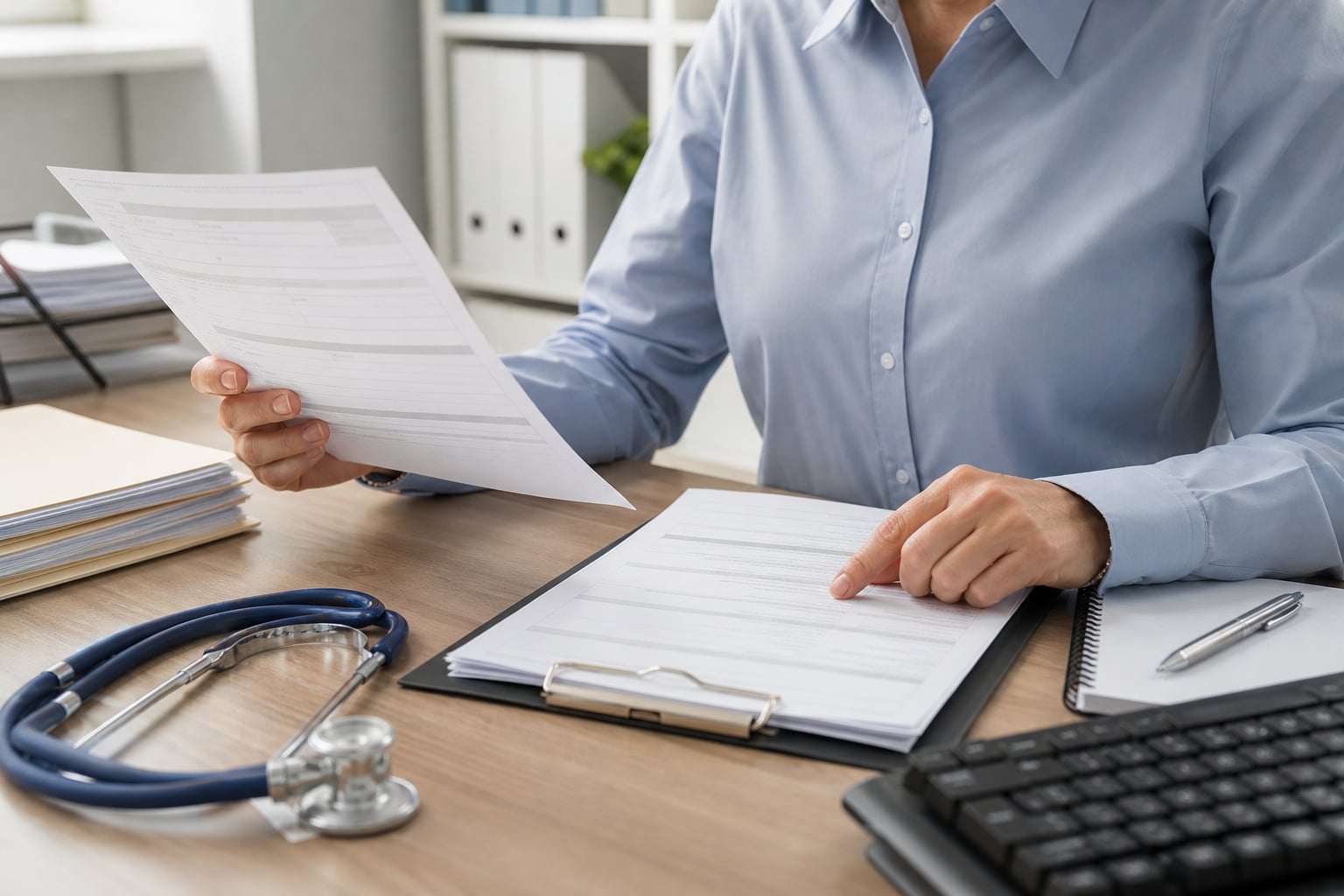 Healthcare administrator reviewing a diagnostic documentation checklist