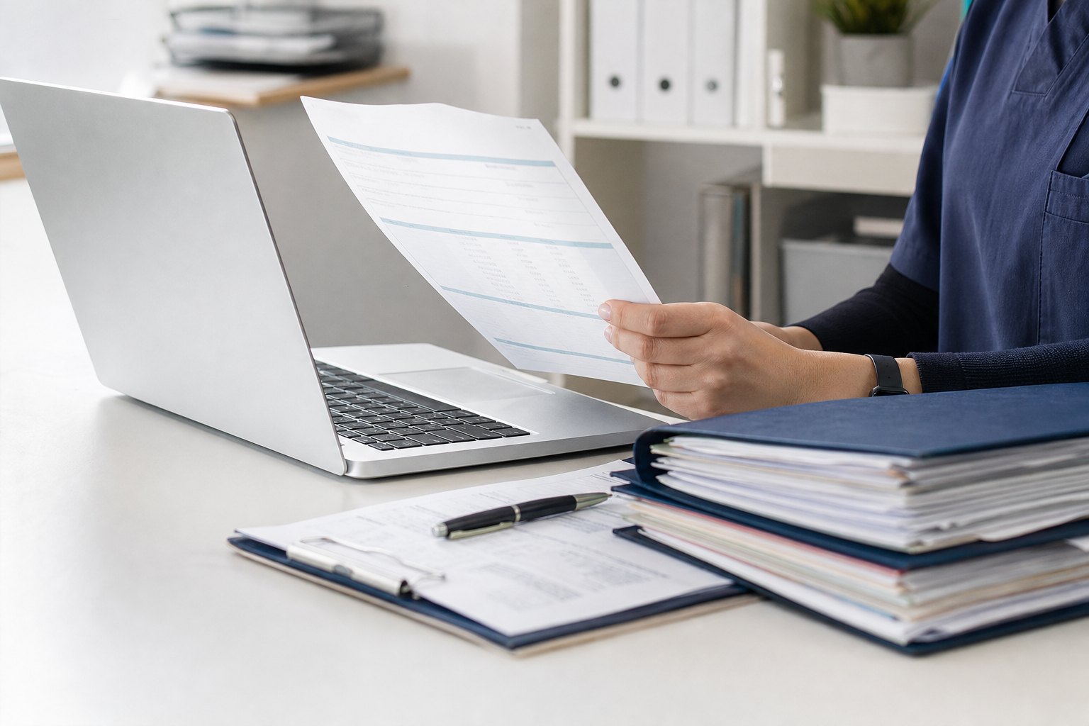 Billing specialist reviewing a remittance advice beside a laptop and claim folders