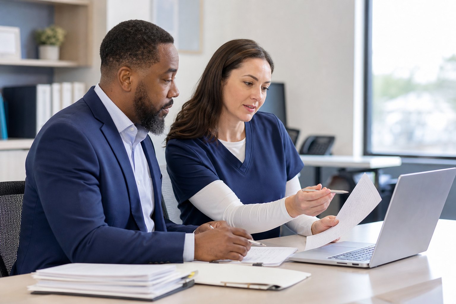 Practice manager and billing specialist reviewing payer follow-up work together