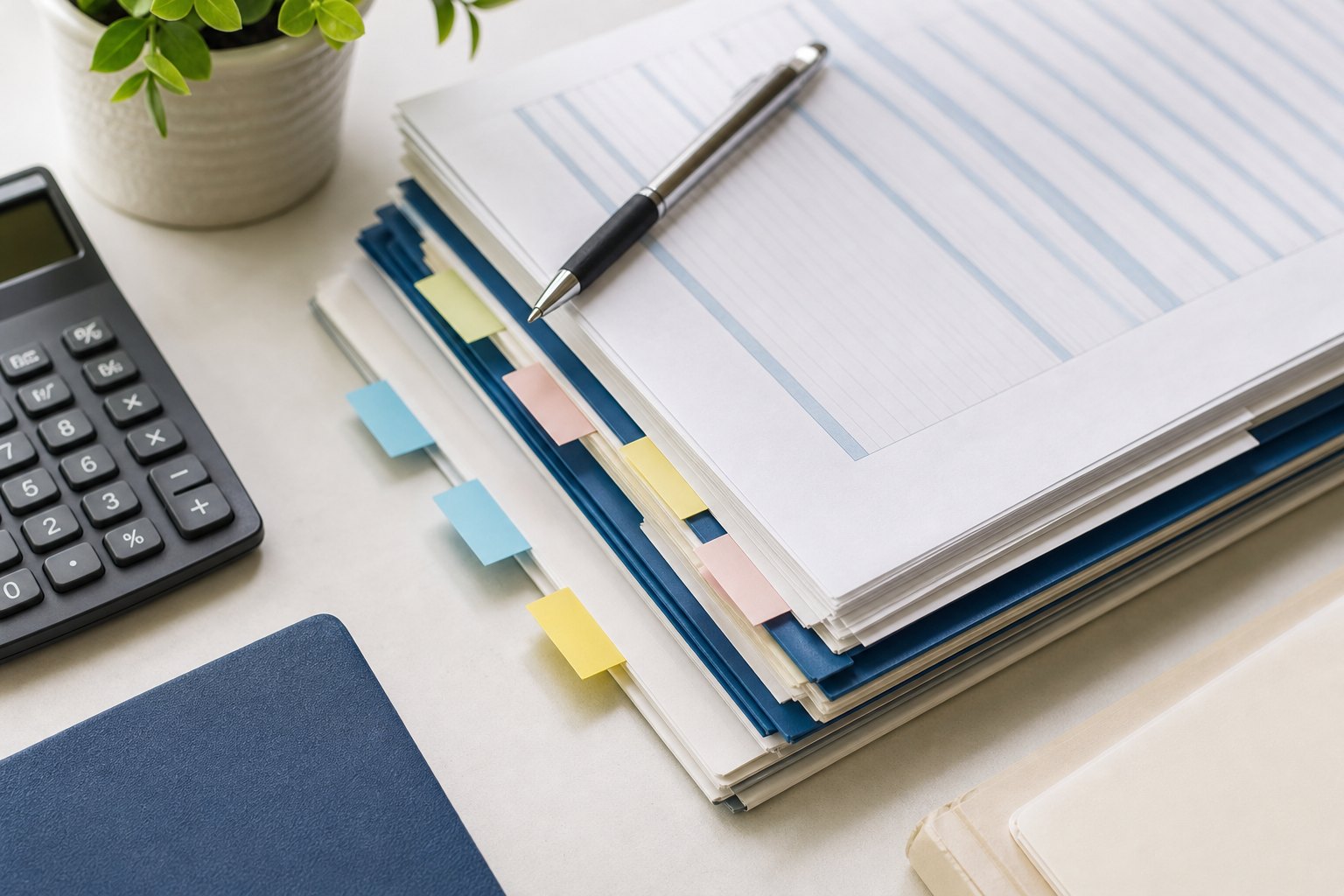 Organized medical billing worklist with folders, labeled tabs, calculator, and pen