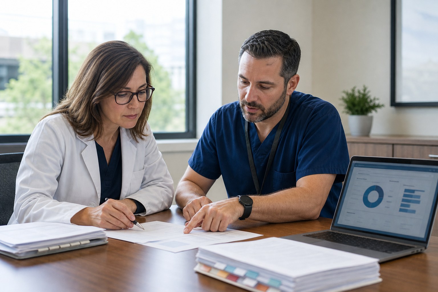 Medical coder and clinician reviewing documentation together