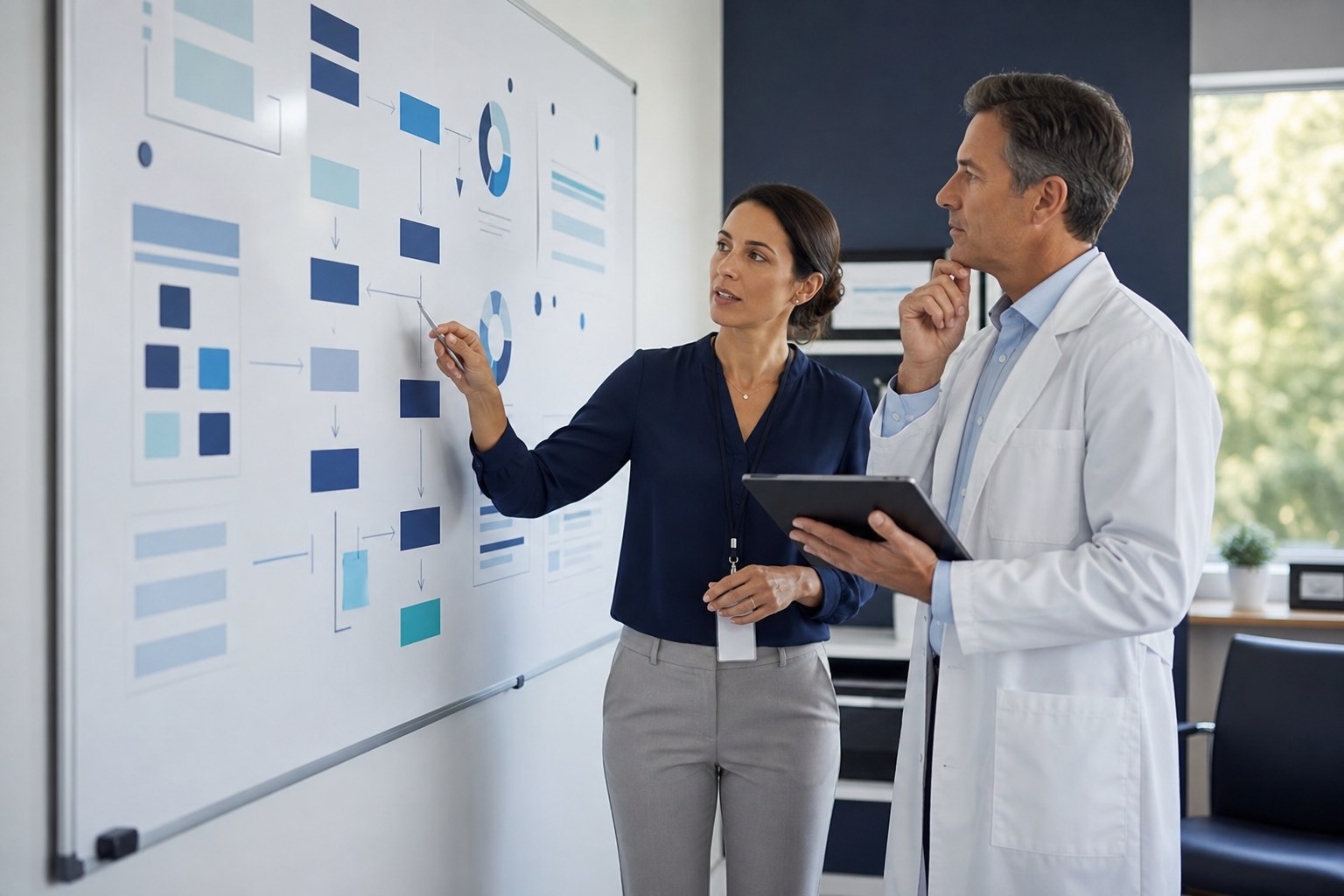 Practice manager and physician reviewing a healthcare billing workflow