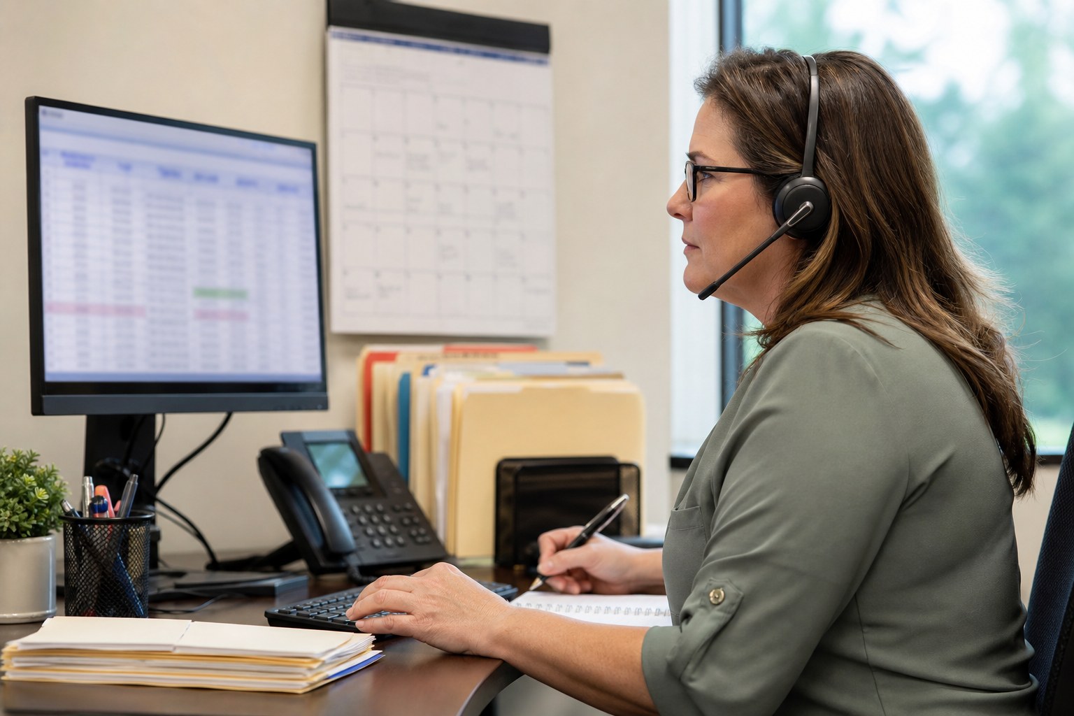 Revenue cycle specialist conducting payer follow-up at a desk