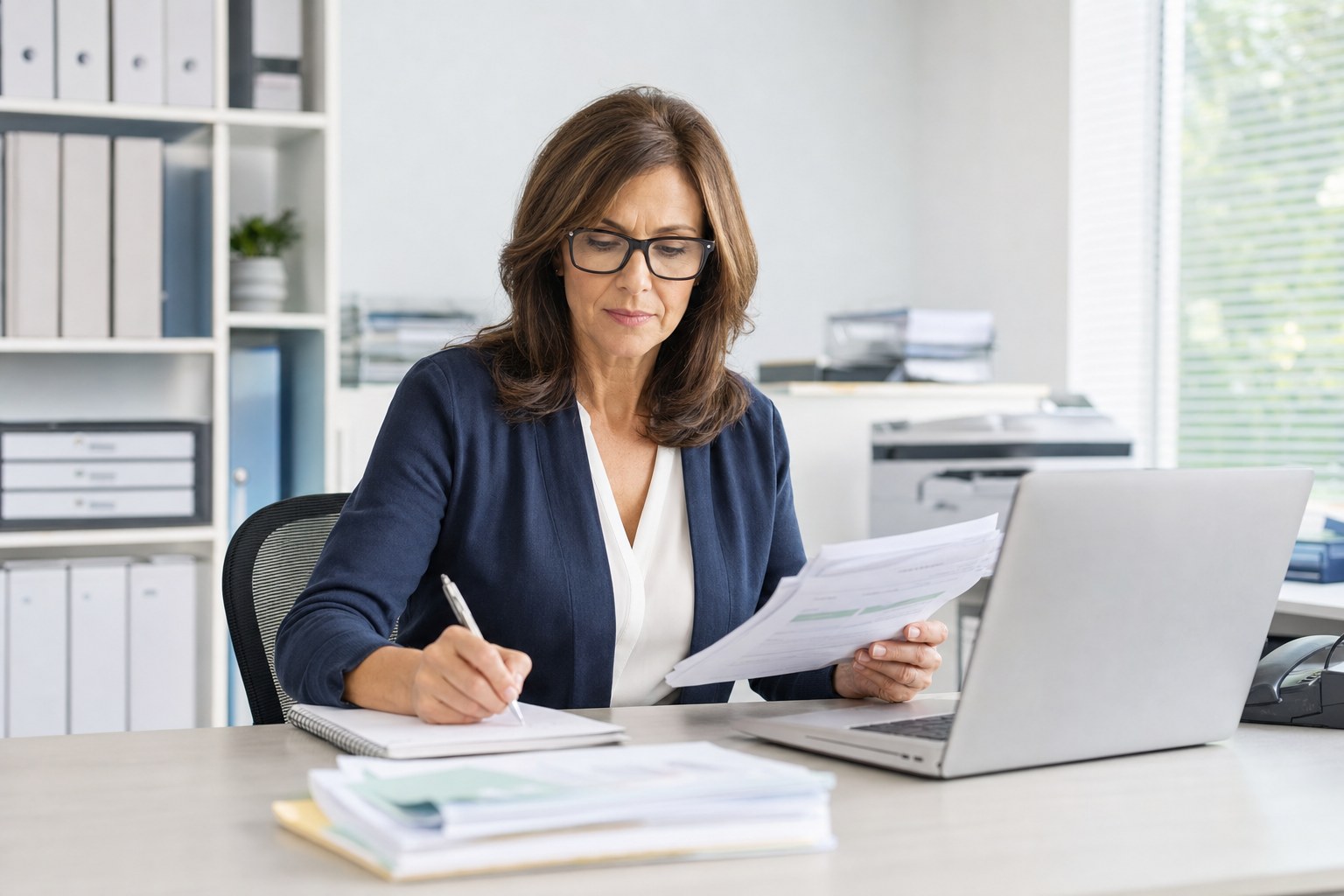 Medical billing specialist reviewing claim paperwork