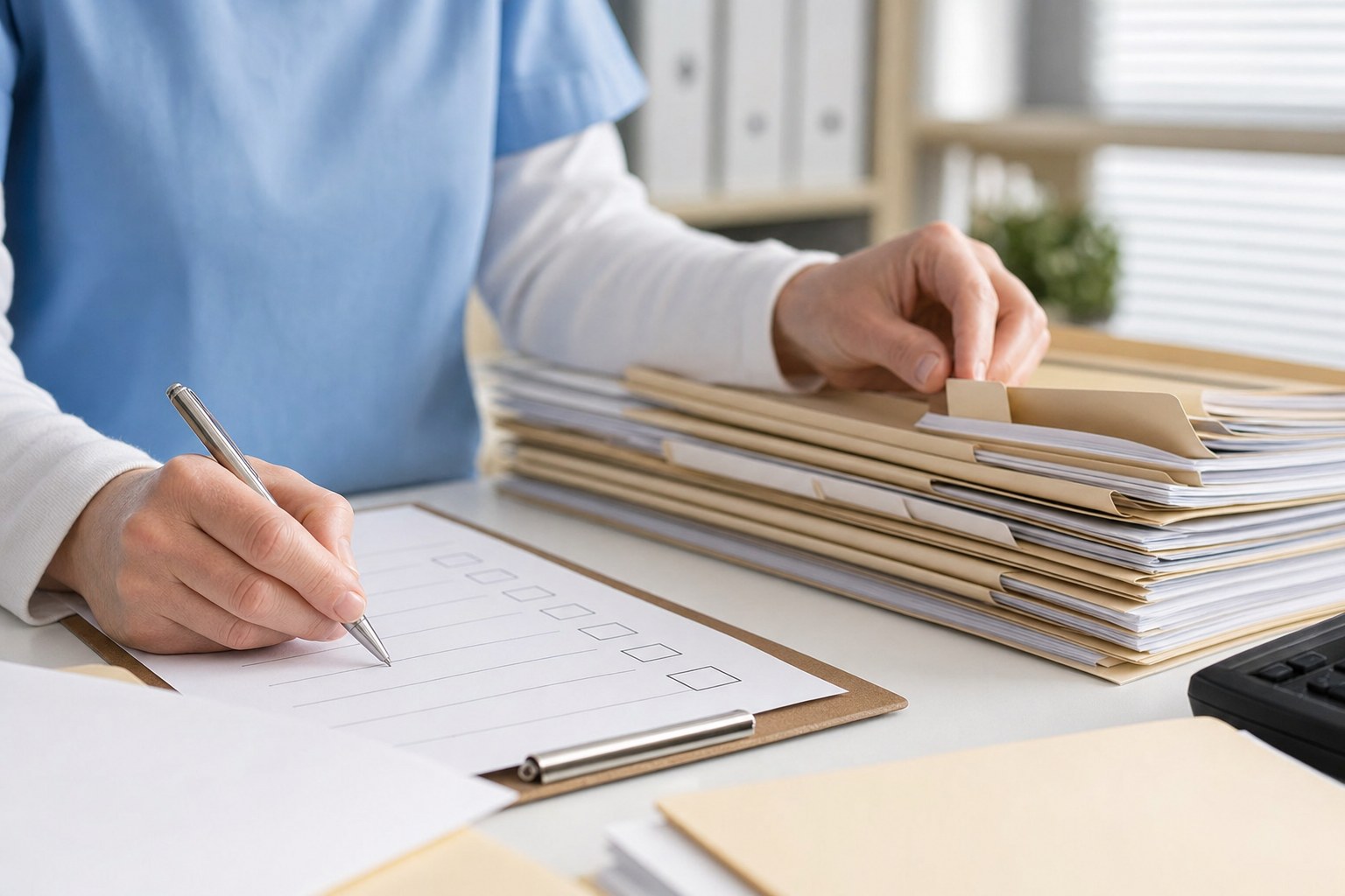 Billing professional sorting claim folders and reviewing a worklist