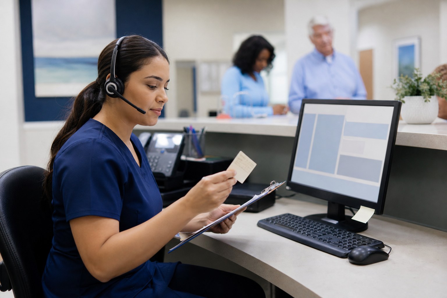 Front-desk professional verifying insurance information at a medical office