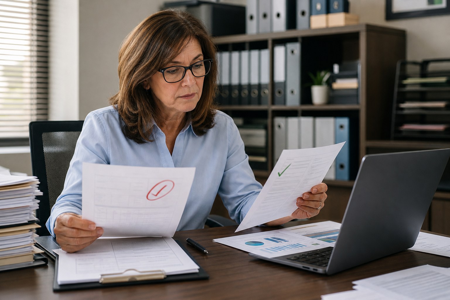 Medical billing professional reviewing claim paperwork