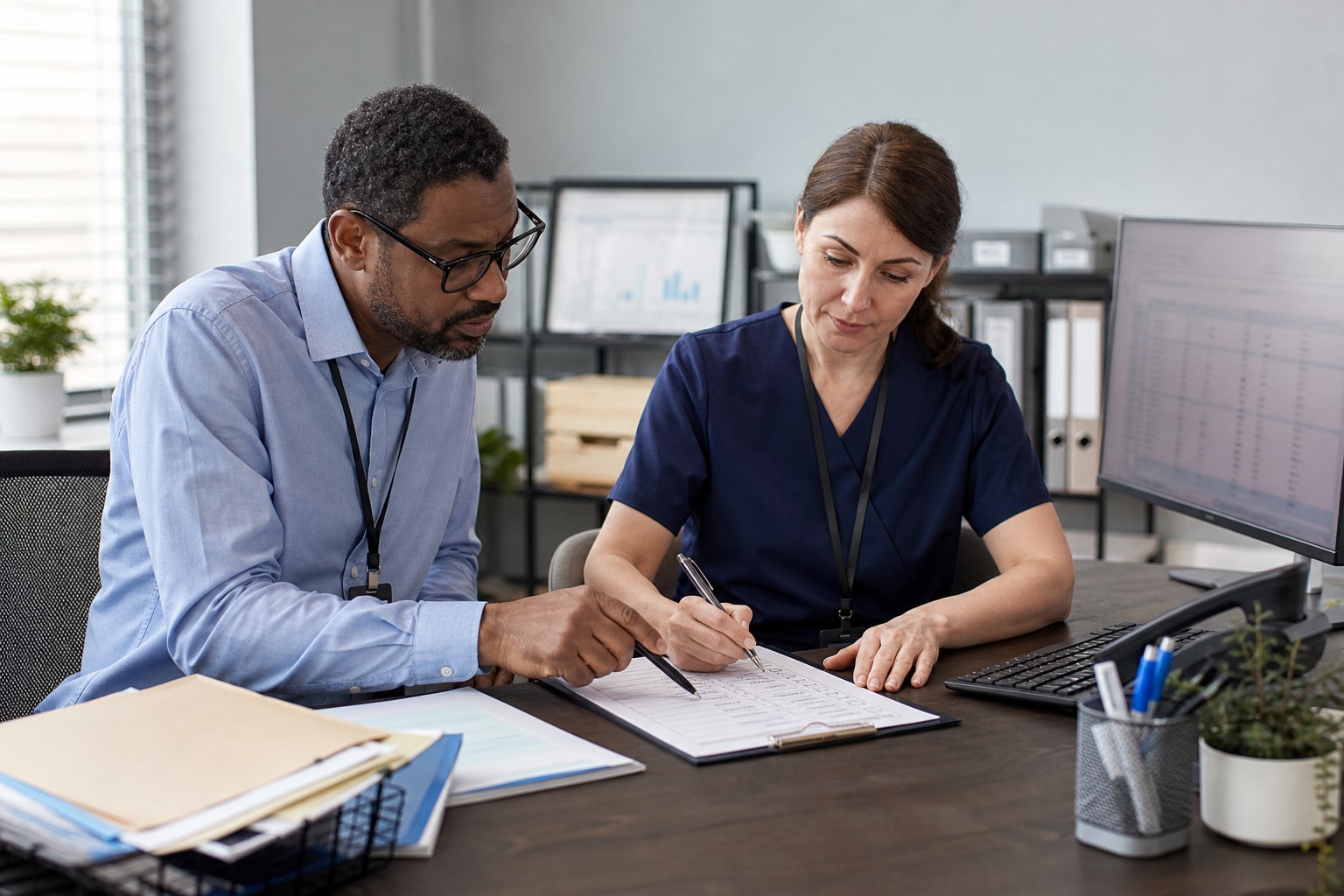 Healthcare practice manager and billing specialist reviewing a billing checklist together
