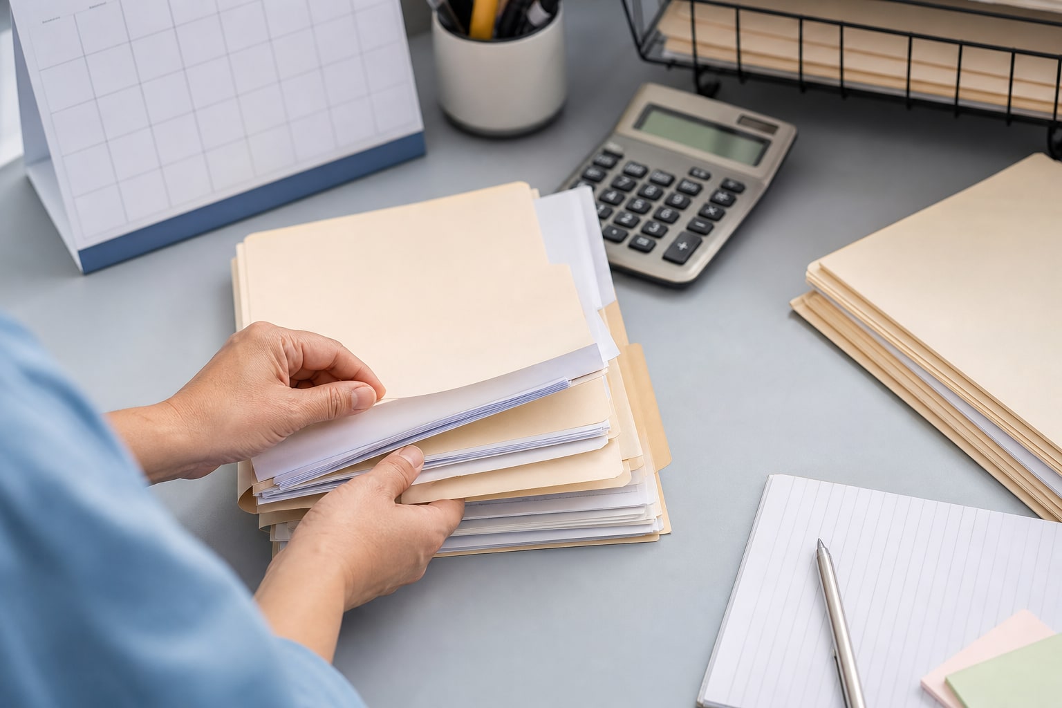 Billing professional organizing follow-up folders beside a calendar and calculator