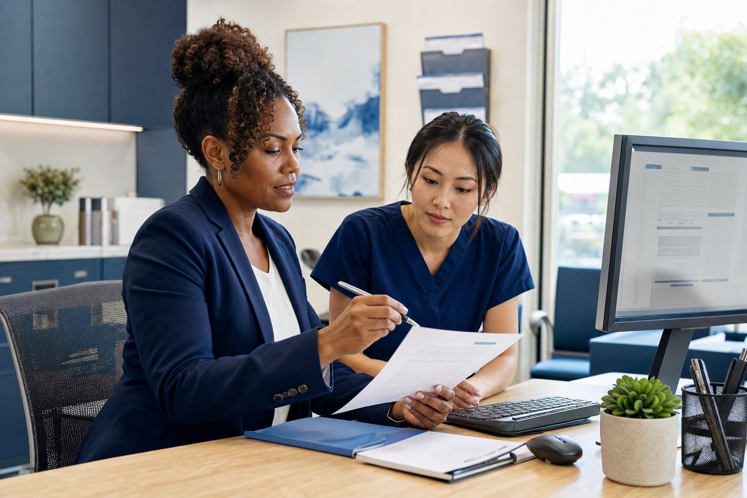 Practice manager and medical billing specialist reviewing a billing workflow together
