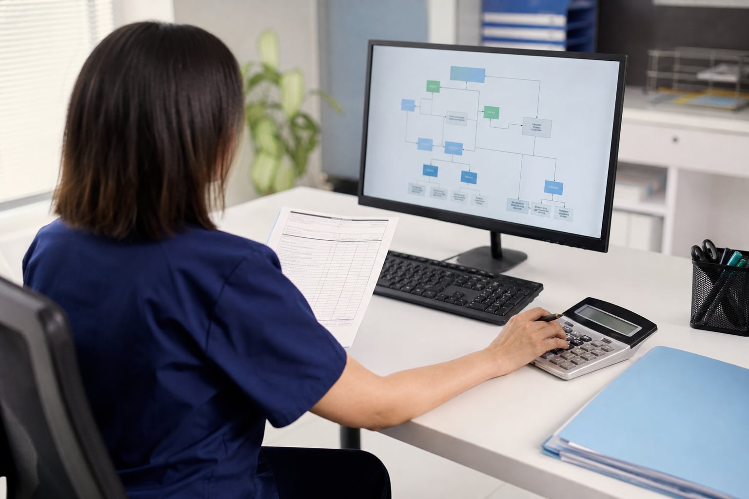 Medical billing specialist reviewing a claim workflow at a desk
