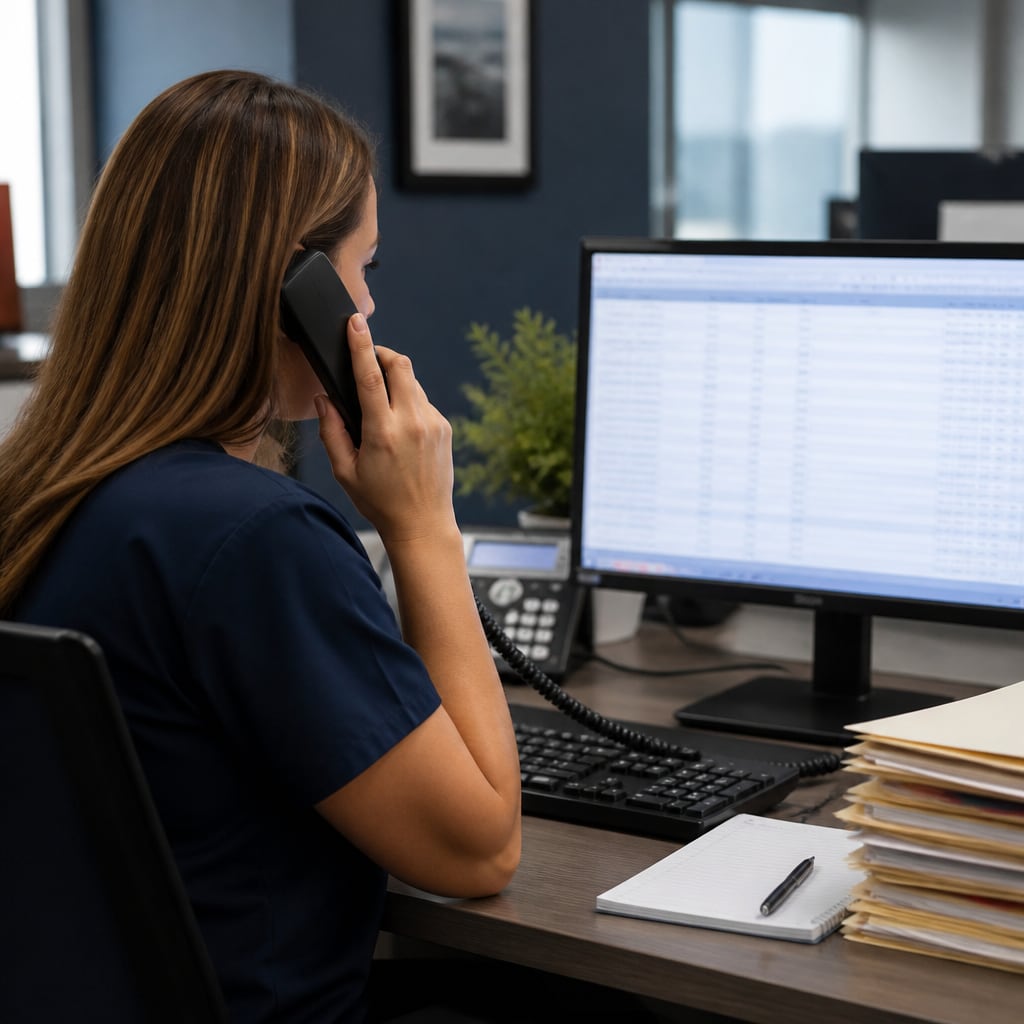 Revenue cycle specialist reviewing a claim worklist during payer follow-up