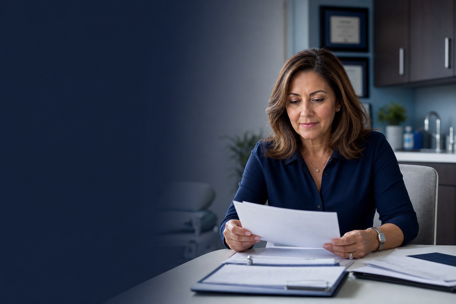 Medical practice manager reviewing claim paperwork