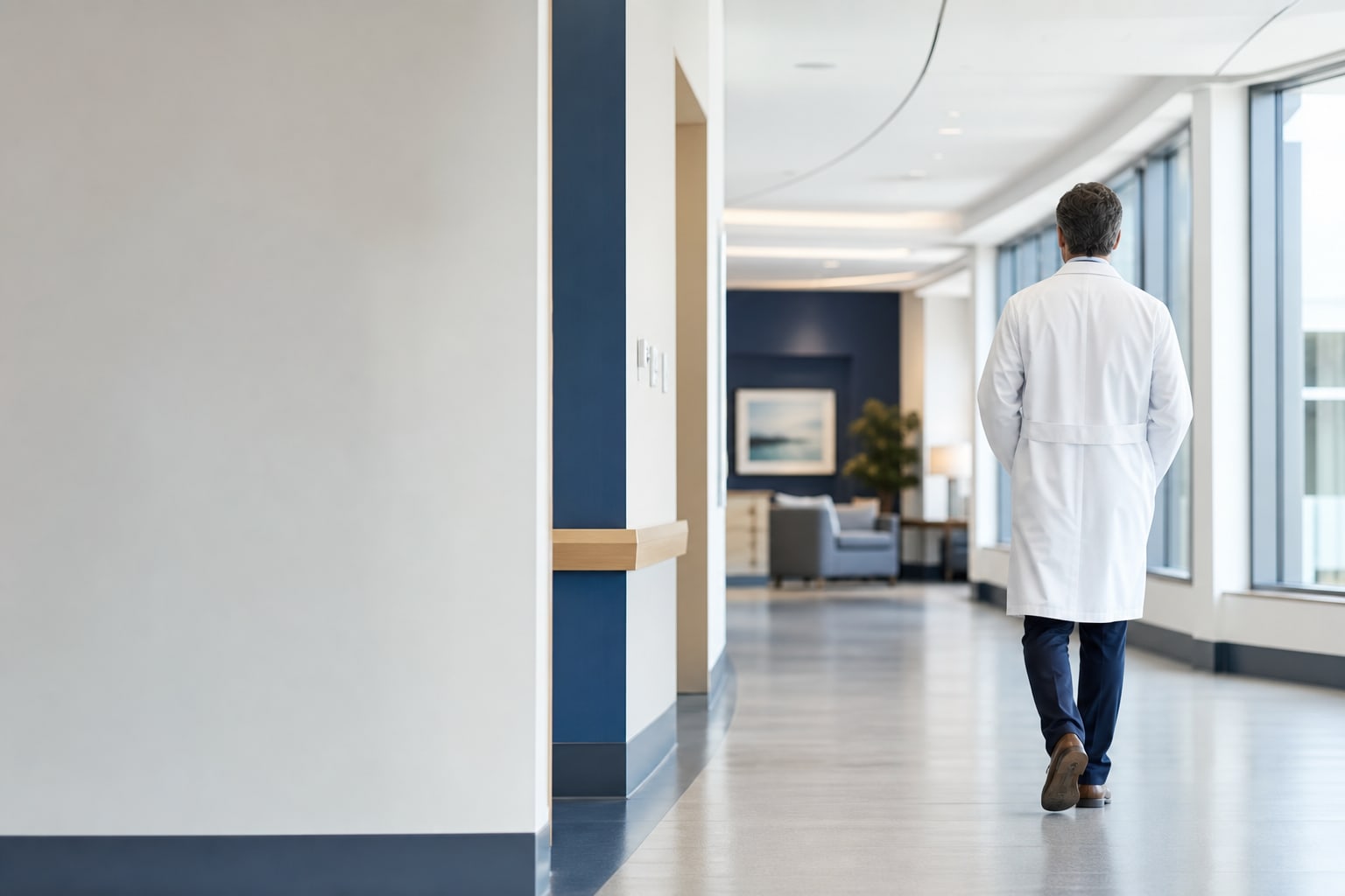 Hospitalist walking through a modern hospital corridor