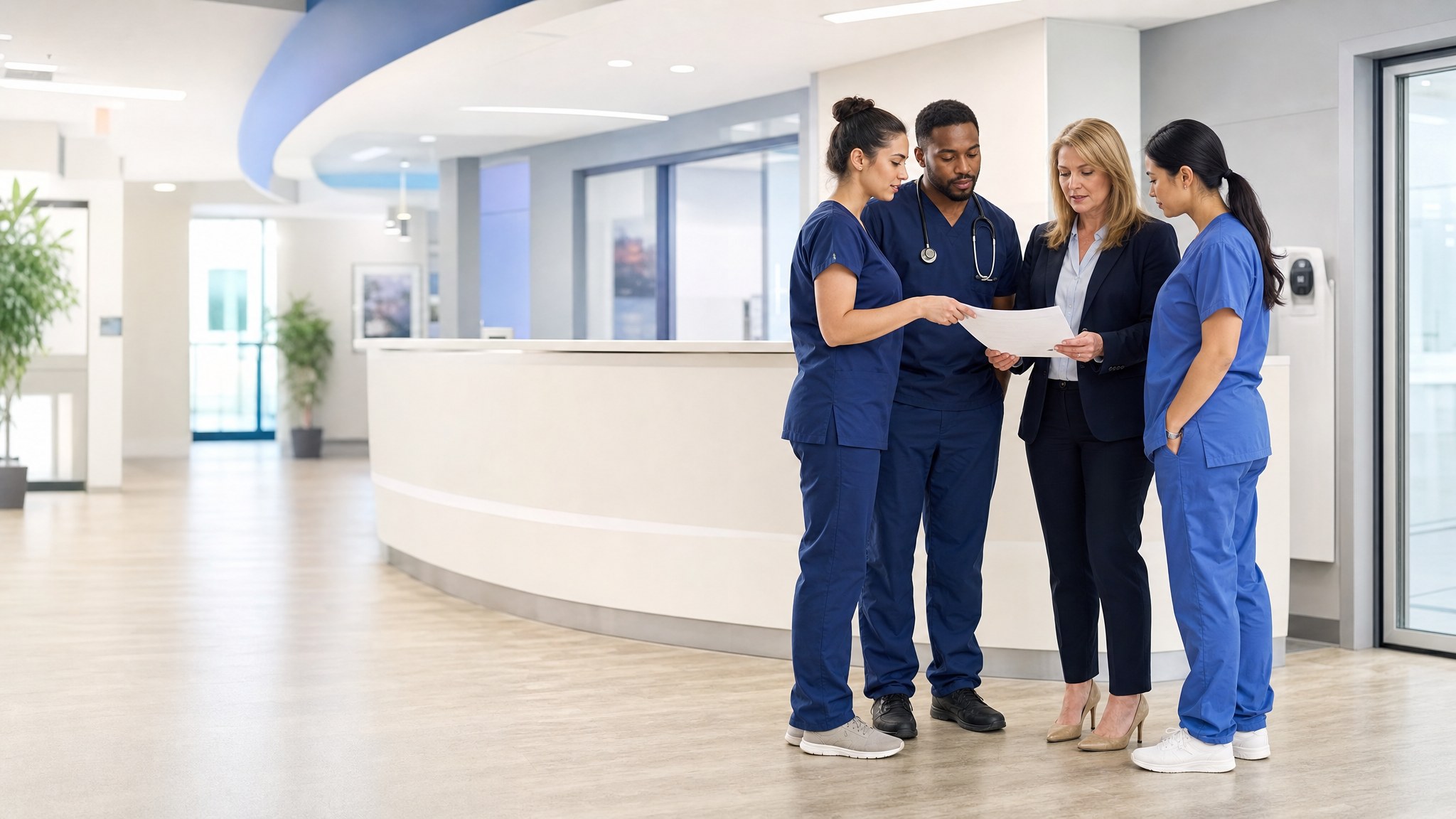 Urgent care clinical and practice staff reviewing a workflow together