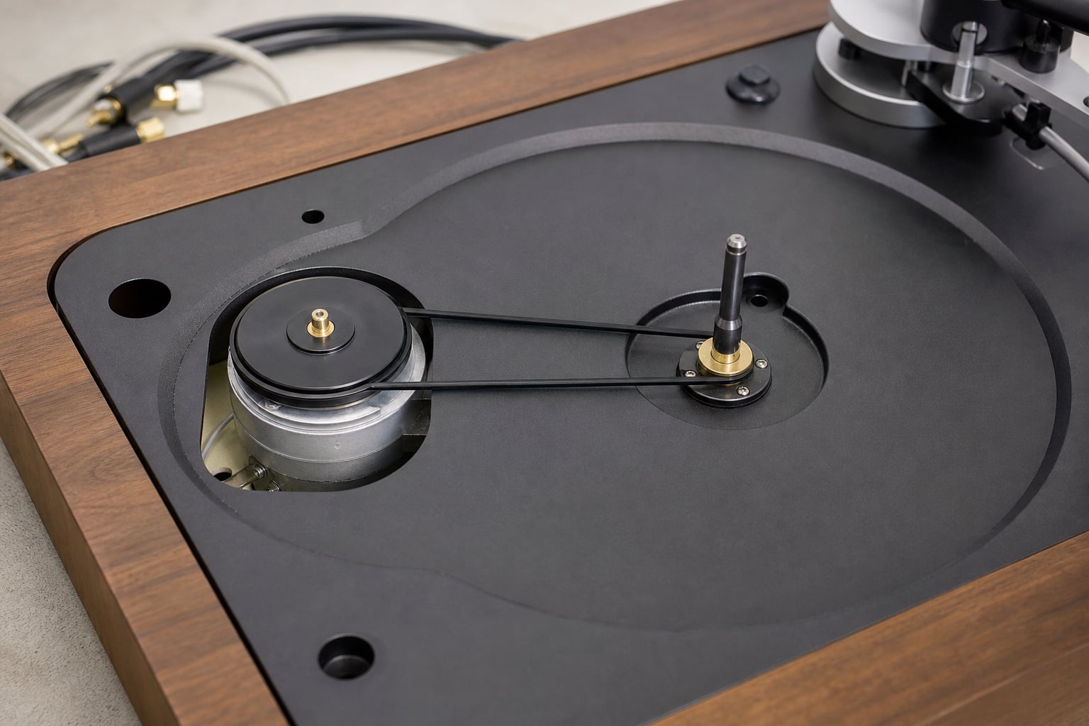 Belt-drive turntable with platter removed