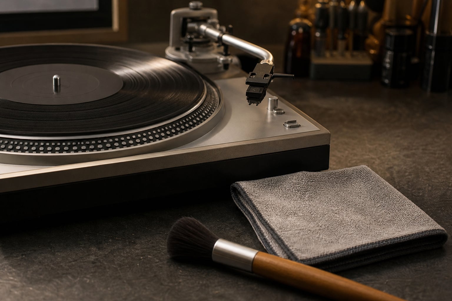 Turntable with a cleaning brush and cloth