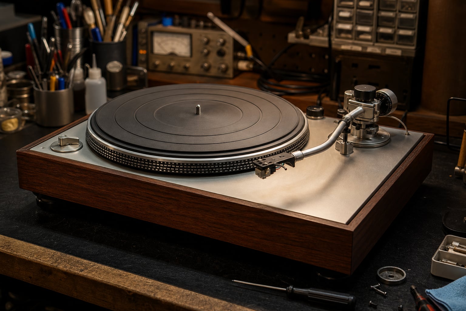 Vintage turntable on an audio repair bench