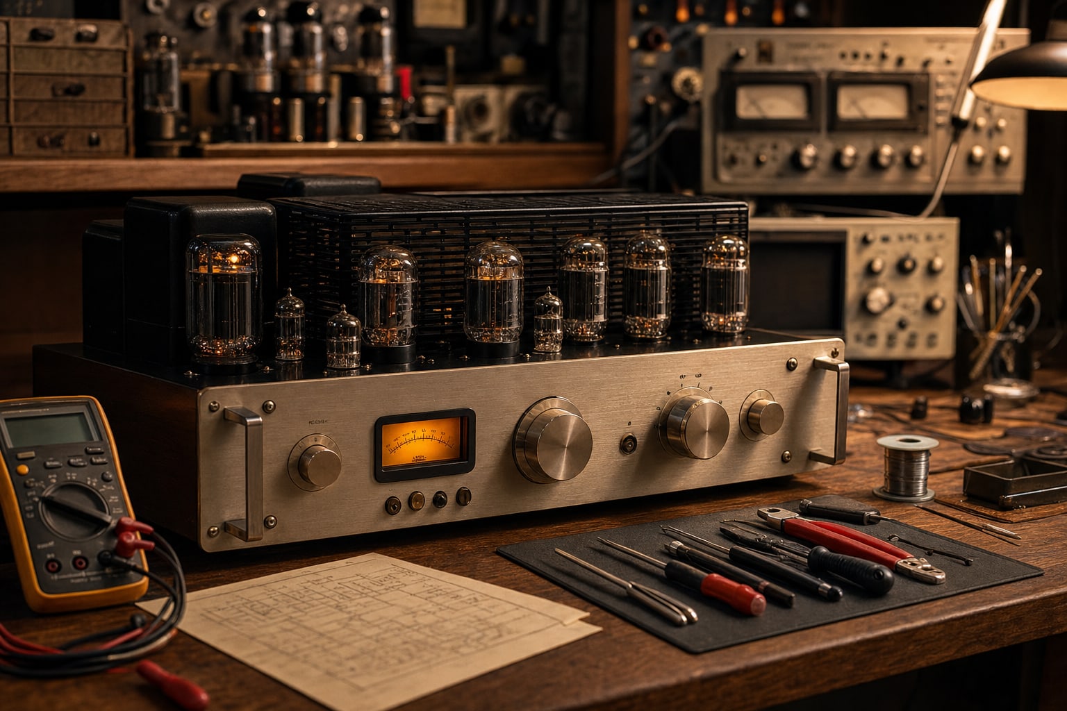 Vintage vacuum tube amplifier on a repair bench