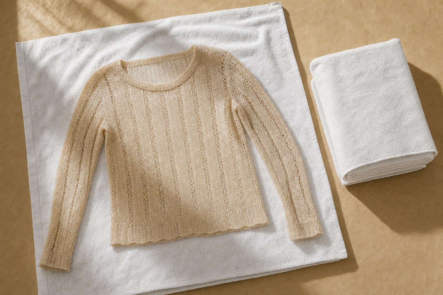 Delicate knit garment drying flat on a white towel