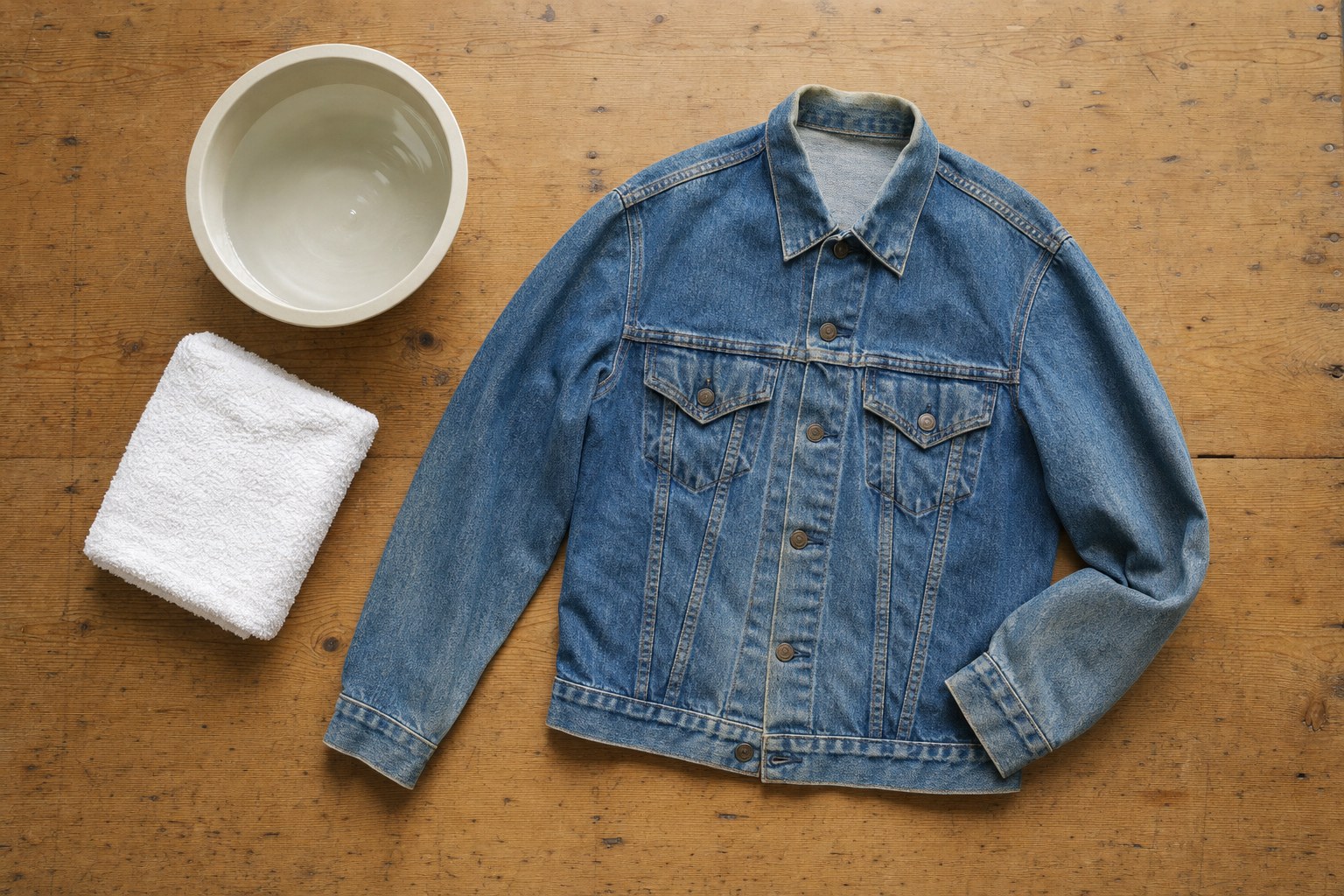 Worn denim jacket beside a basin and folded towel on a wooden table