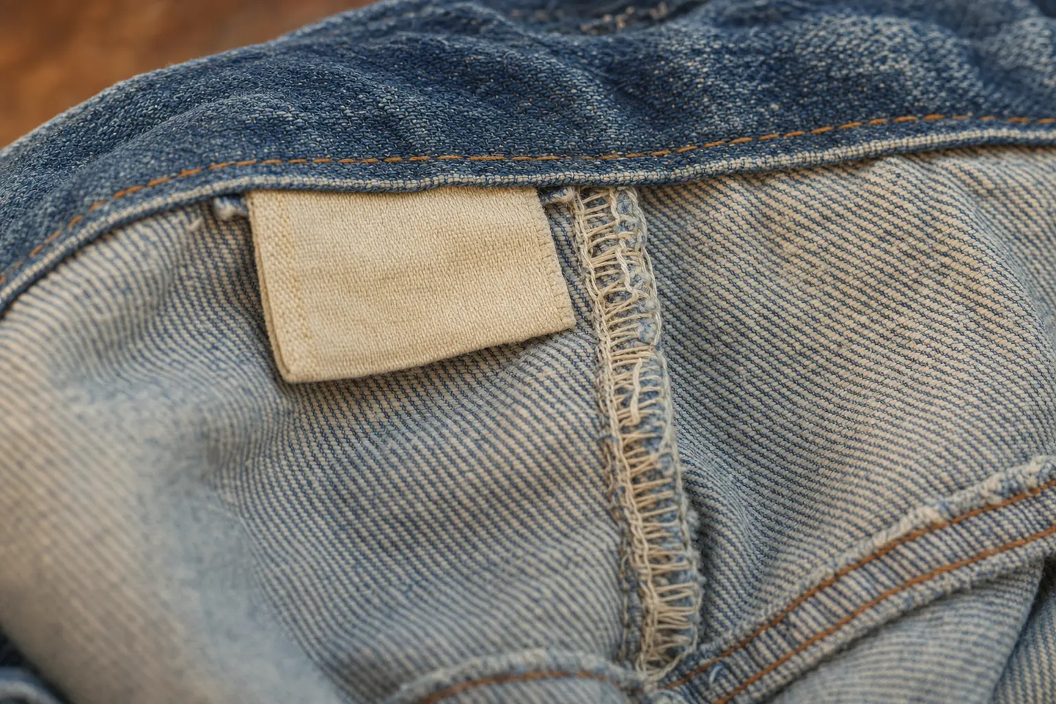 Inside seam and blank label on a worn denim garment