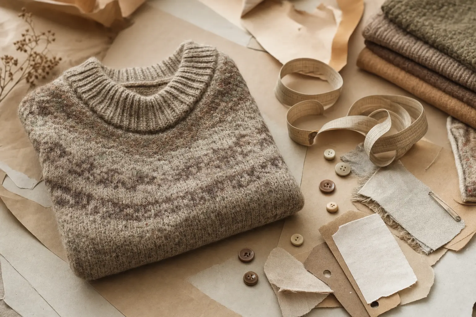 Folded vintage knit with measuring tape and fabric swatches