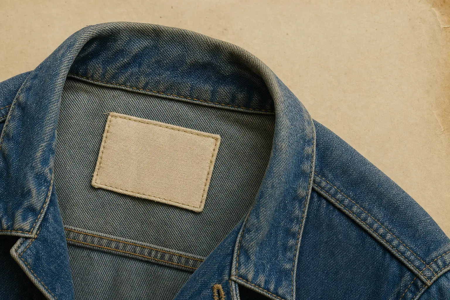Blank woven label inside a worn denim jacket