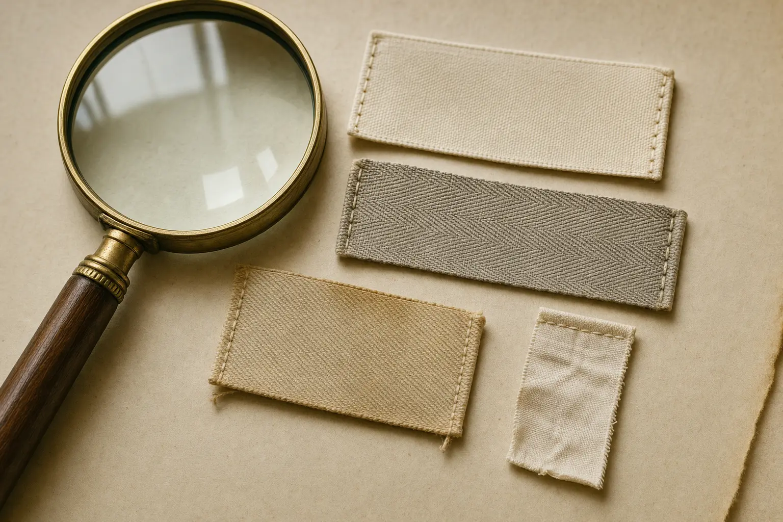 Blank woven labels arranged beside a magnifying glass