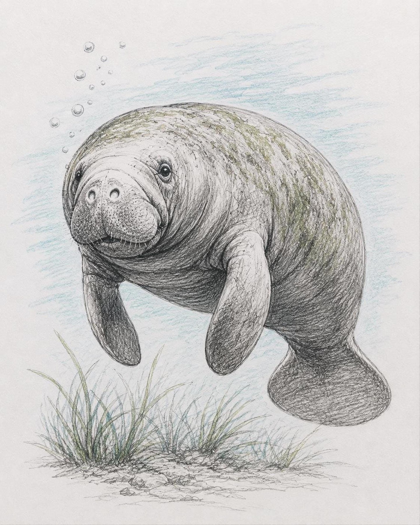 Vintage Manatee Art Print, Framed Coastal Wall Art in Soft Pastels