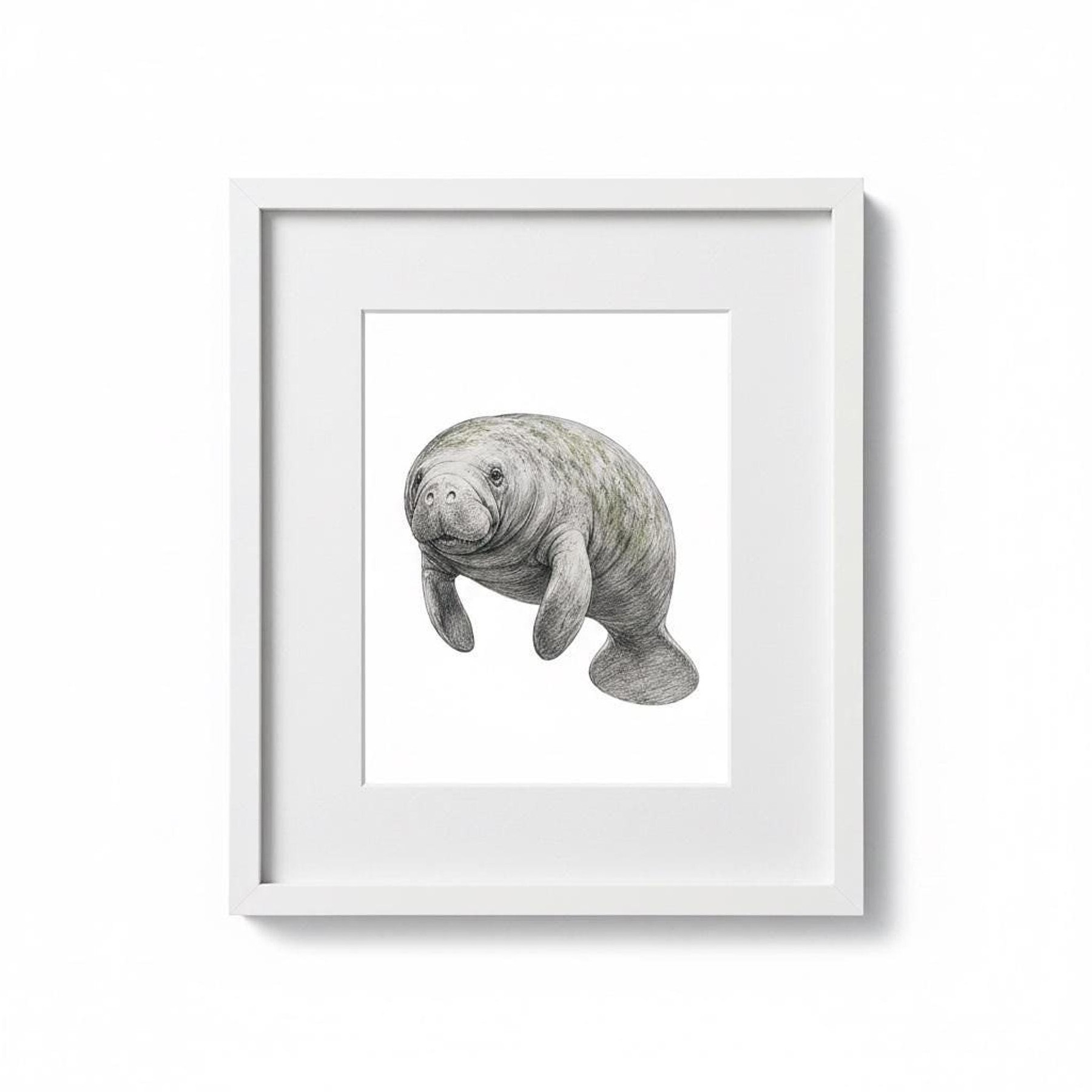 Vintage Manatee Art Print, Framed Coastal Wall Art in Soft Pastels, detail 3