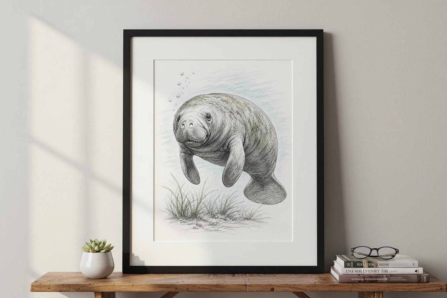 Vintage Manatee Art Print, Framed Coastal Wall Art in Soft Pastels, detail 4