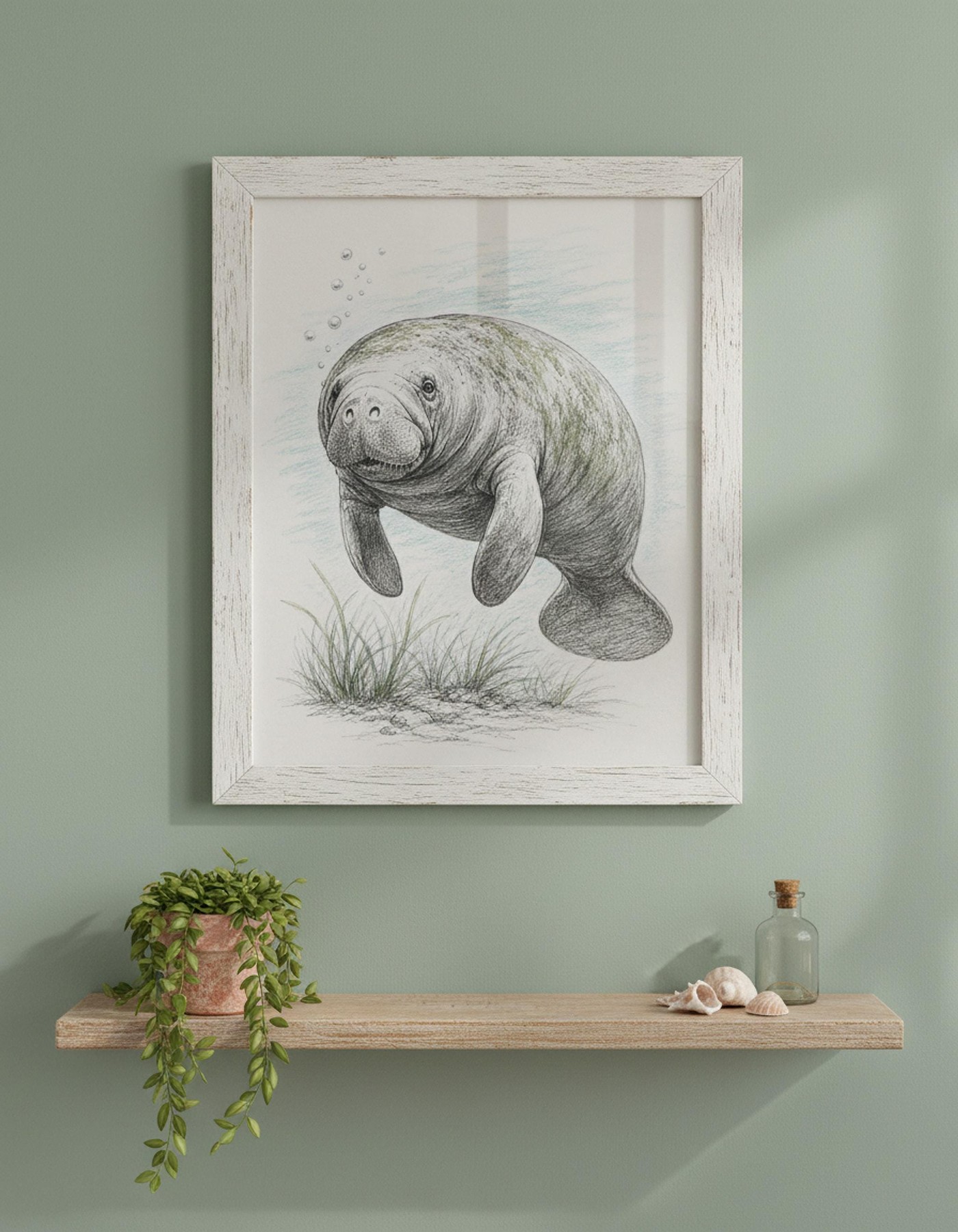 Vintage Manatee Art Print, Framed Coastal Wall Art in Soft Pastels, detail 5