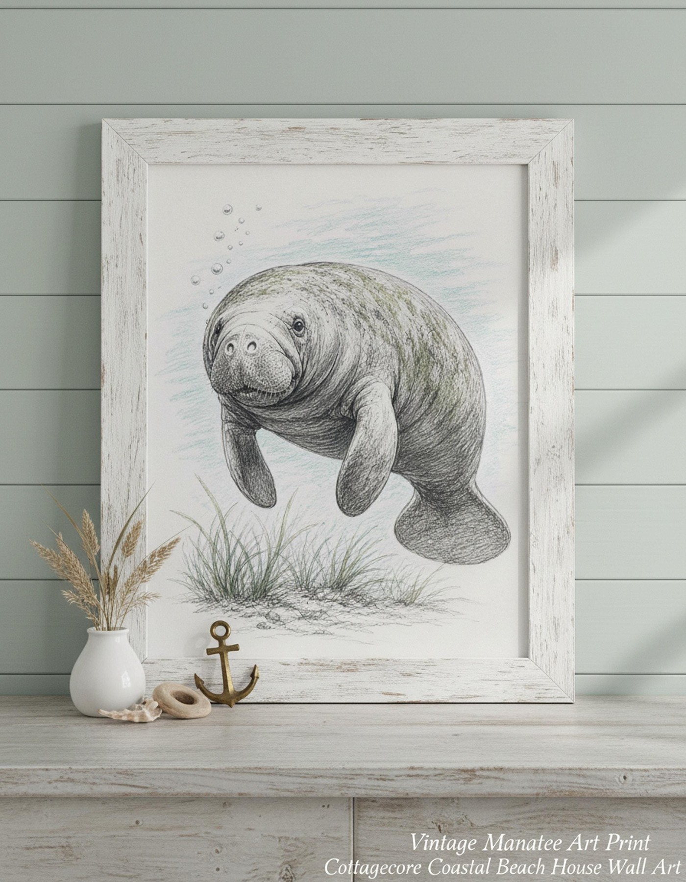 Vintage Manatee Art Print, Framed Coastal Wall Art in Soft Pastels, detail 7
