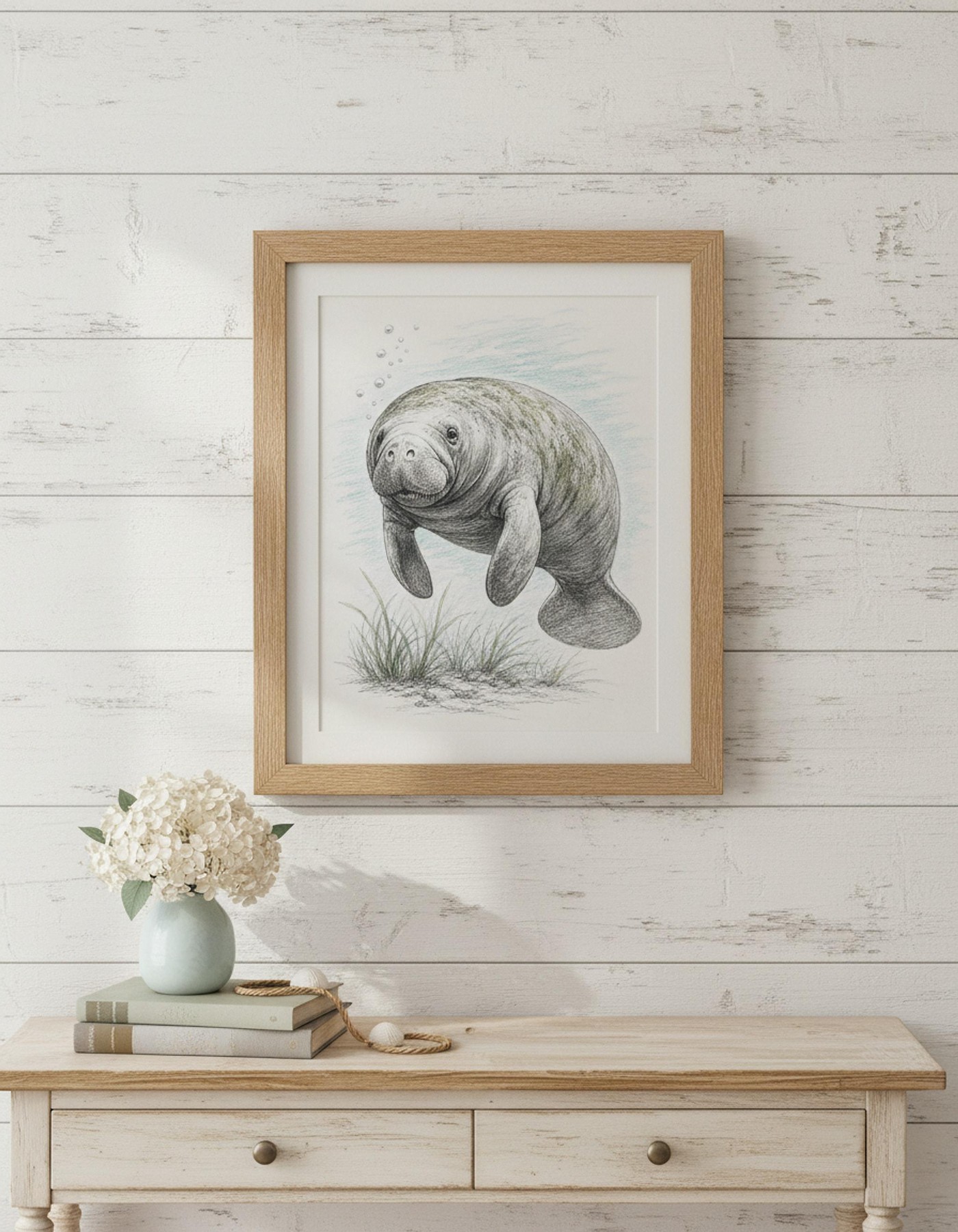 Vintage Manatee Art Print, Framed Coastal Wall Art in Soft Pastels, detail 8