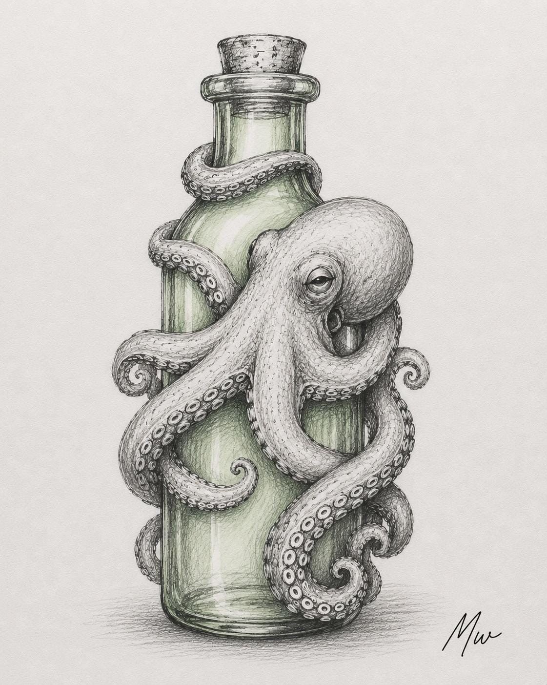 Vintage Octopus Sketch on Bottle Coastal Decor, Sea Life Artwork