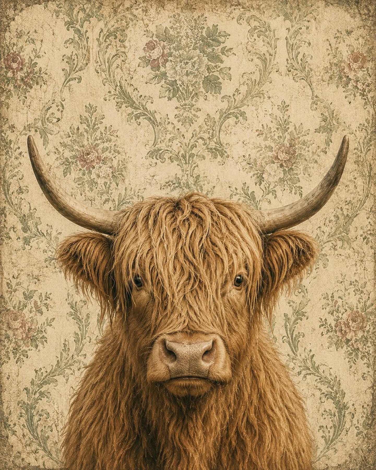 Highland Cow Print on Linen Paper, Rustic Cottage Wall Art, detail 2