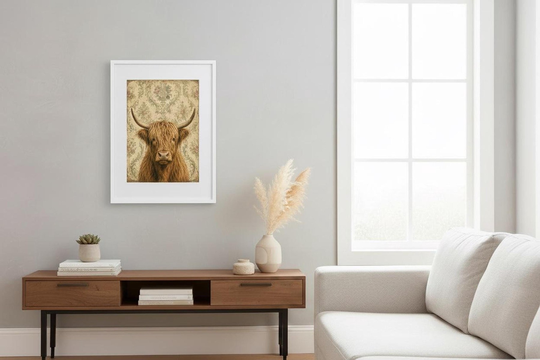 Highland Cow Print on Linen Paper, Rustic Cottage Wall Art, detail 3