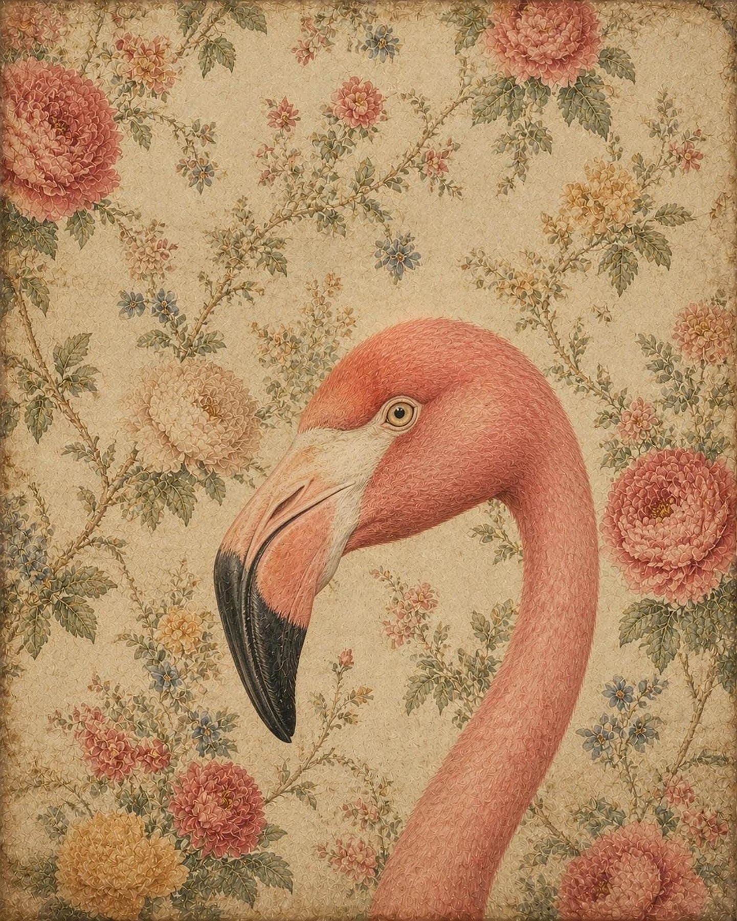 Flamingo Wall Art, Vintage Bird Print with Floral Background