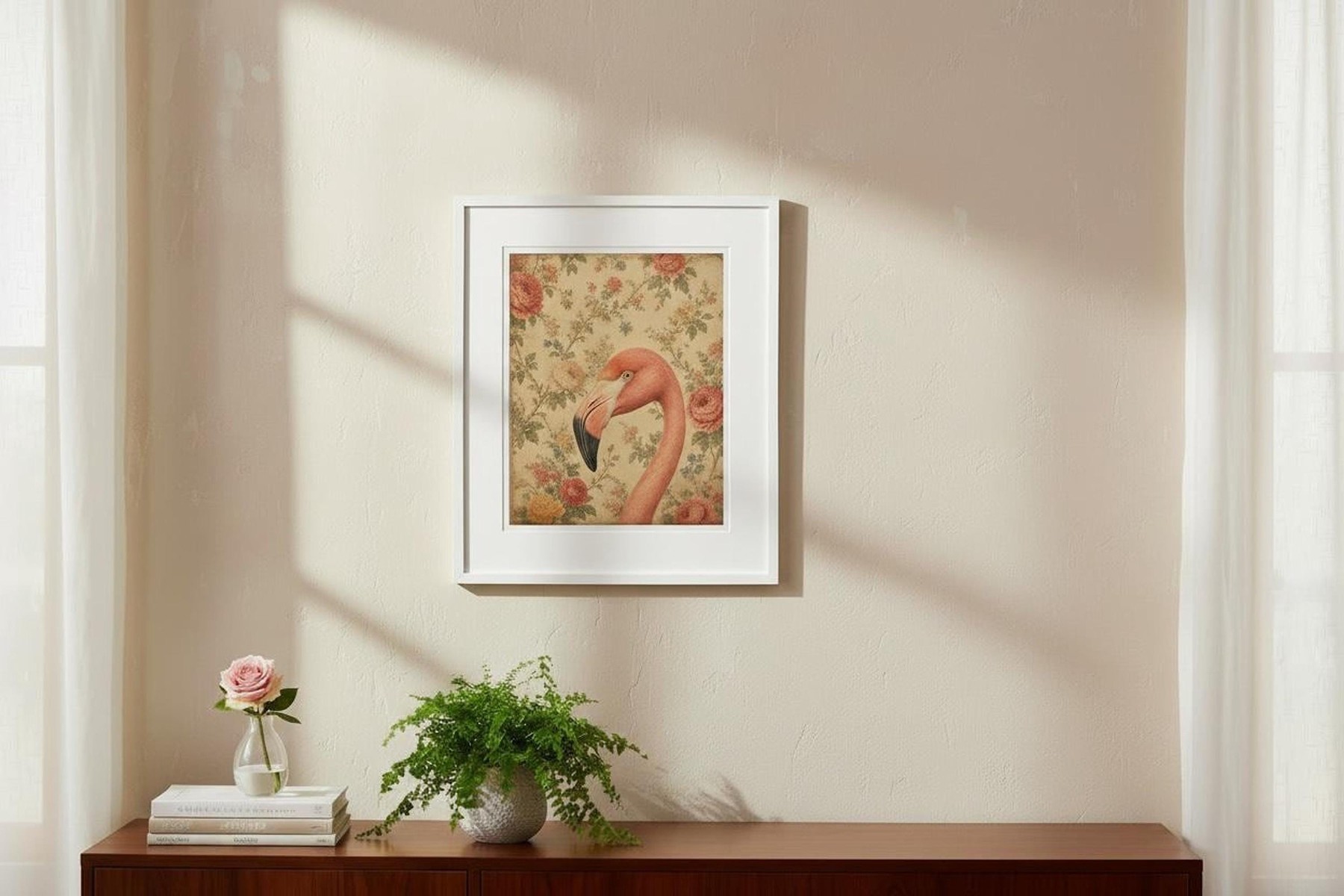 Flamingo Wall Art, Vintage Bird Print with Floral Background, detail 2