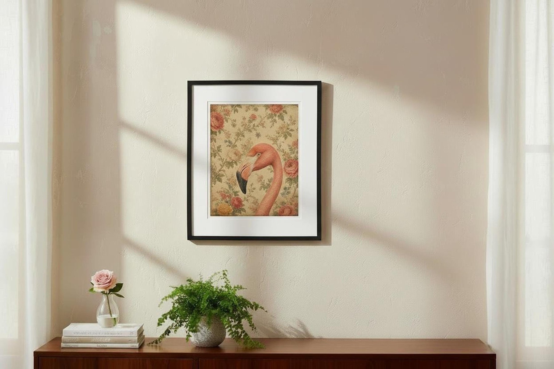 Flamingo Wall Art, Vintage Bird Print with Floral Background, detail 3