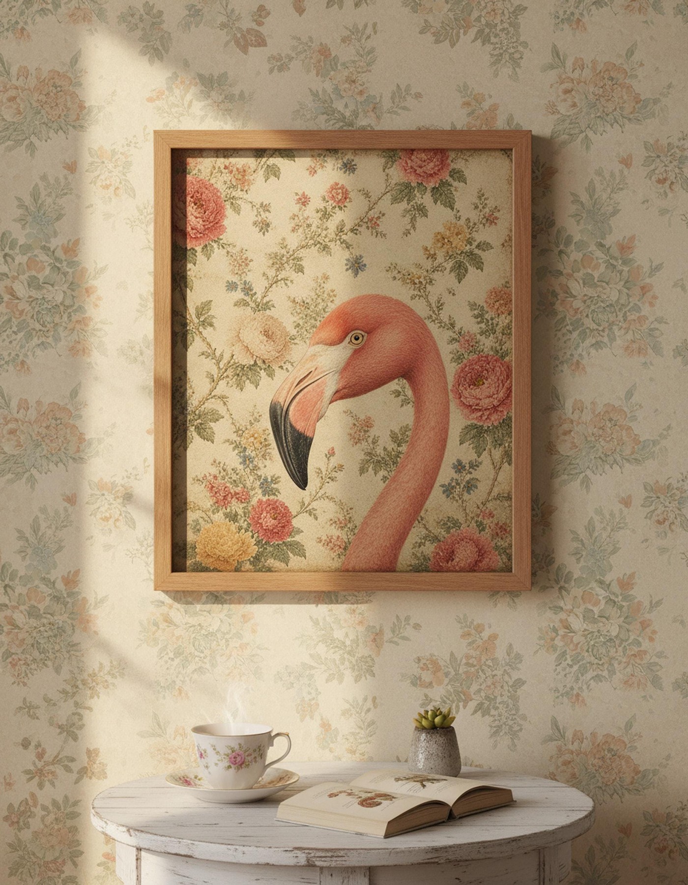 Flamingo Wall Art, Vintage Bird Print with Floral Background, detail 4