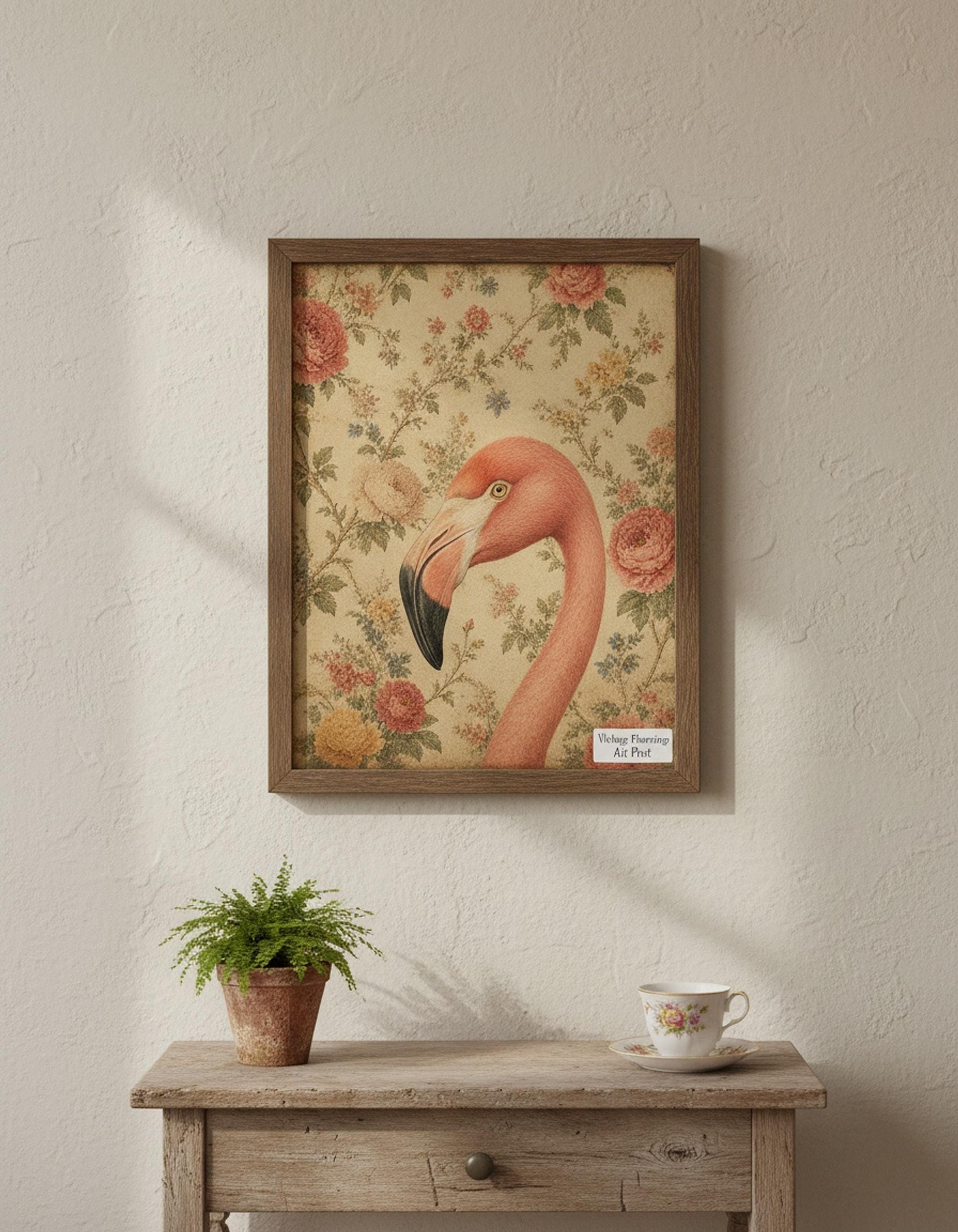 Flamingo Wall Art, Vintage Bird Print with Floral Background, detail 5
