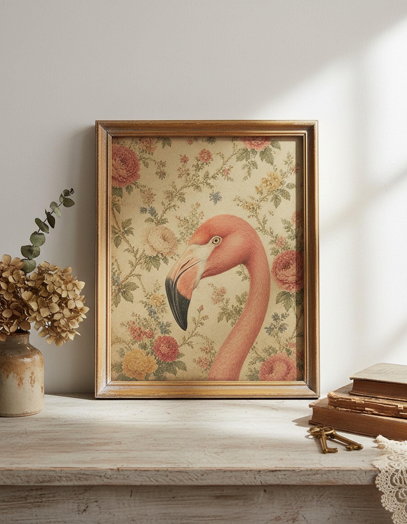 Flamingo Wall Art, Vintage Bird Print with Floral Background, detail 6