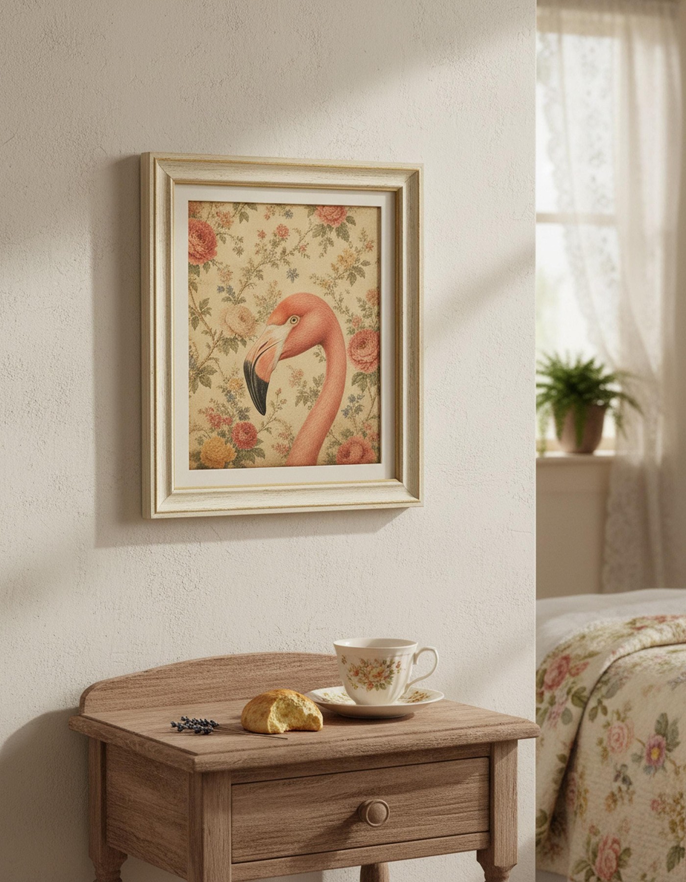 Flamingo Wall Art, Vintage Bird Print with Floral Background, detail 7