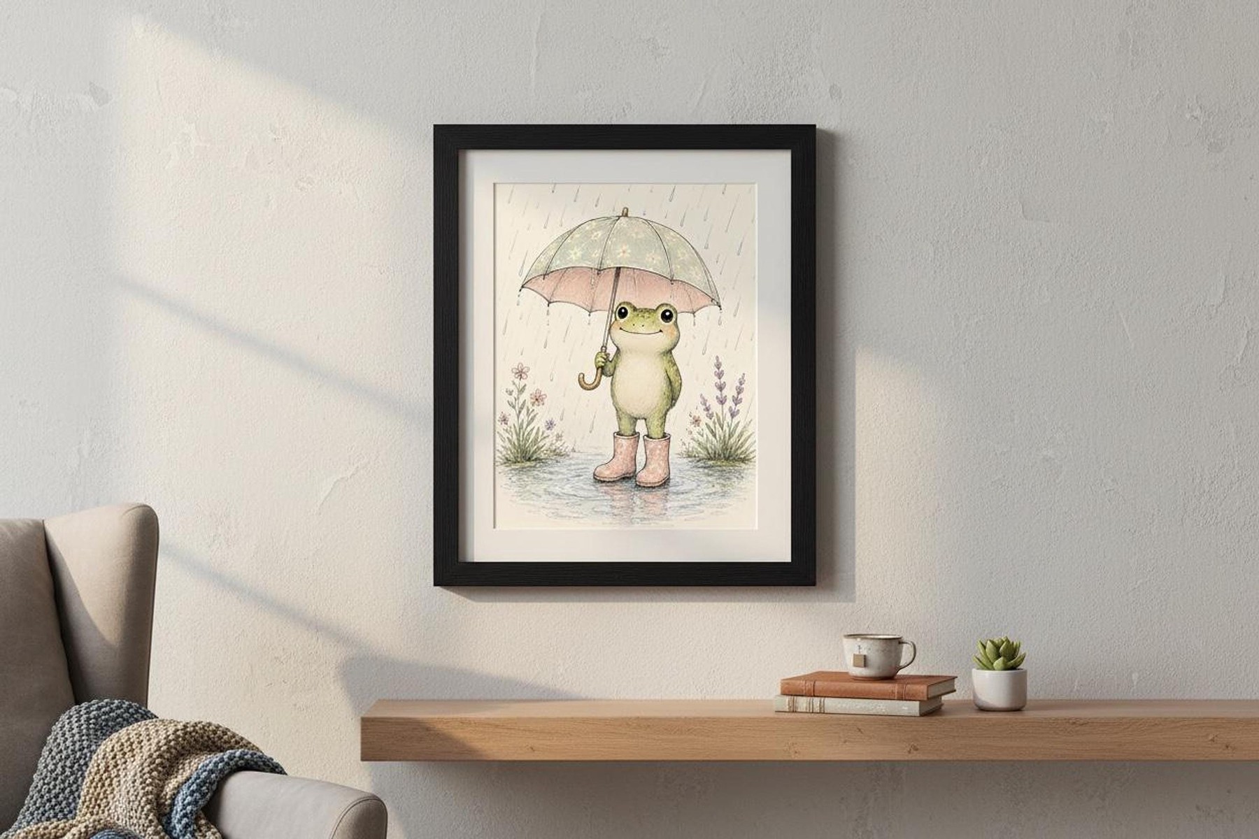 Whimsical Frog Print in Rain Boots, Colorful Wall Art Decor, detail 2