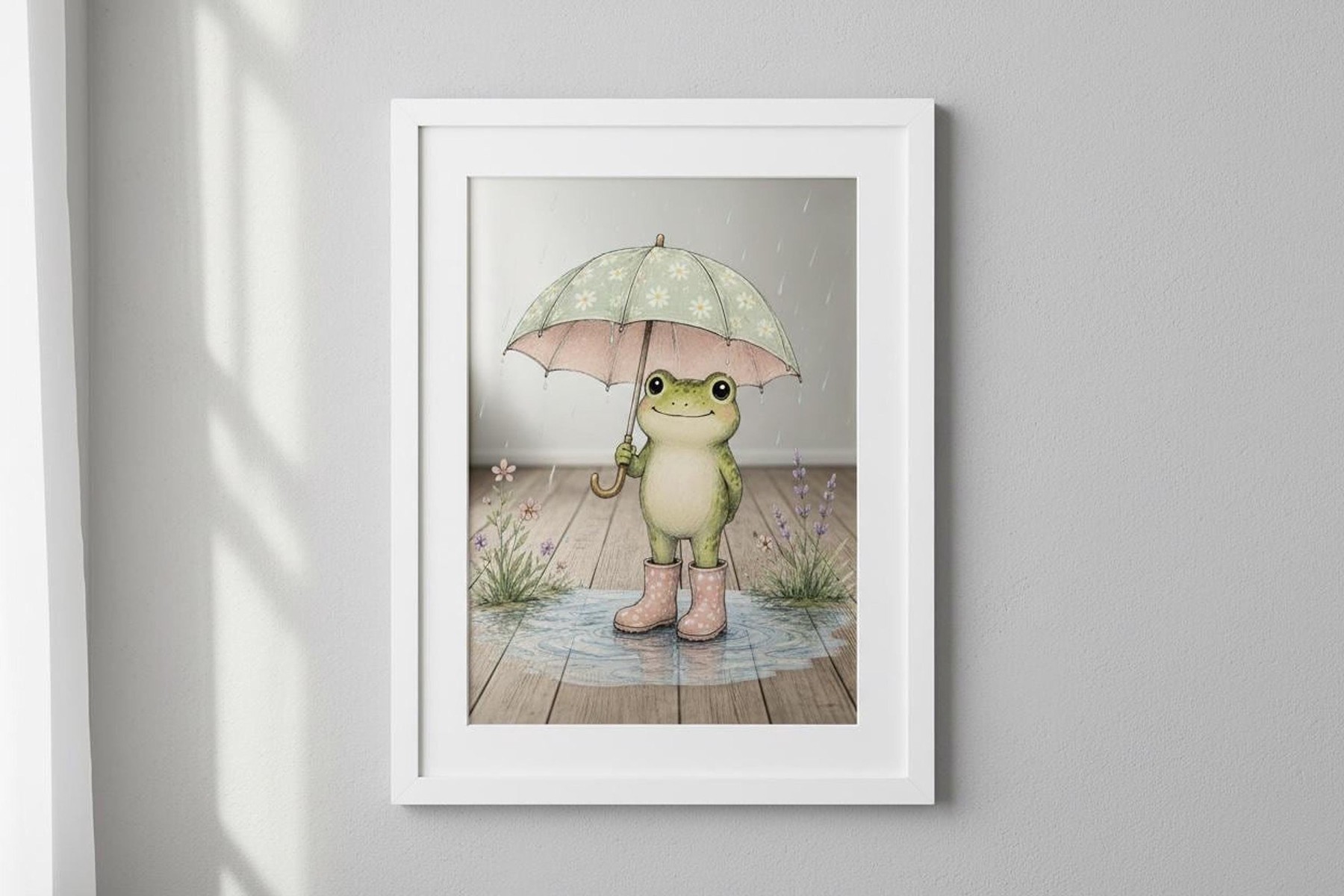 Whimsical Frog Print in Rain Boots, Colorful Wall Art Decor, detail 3